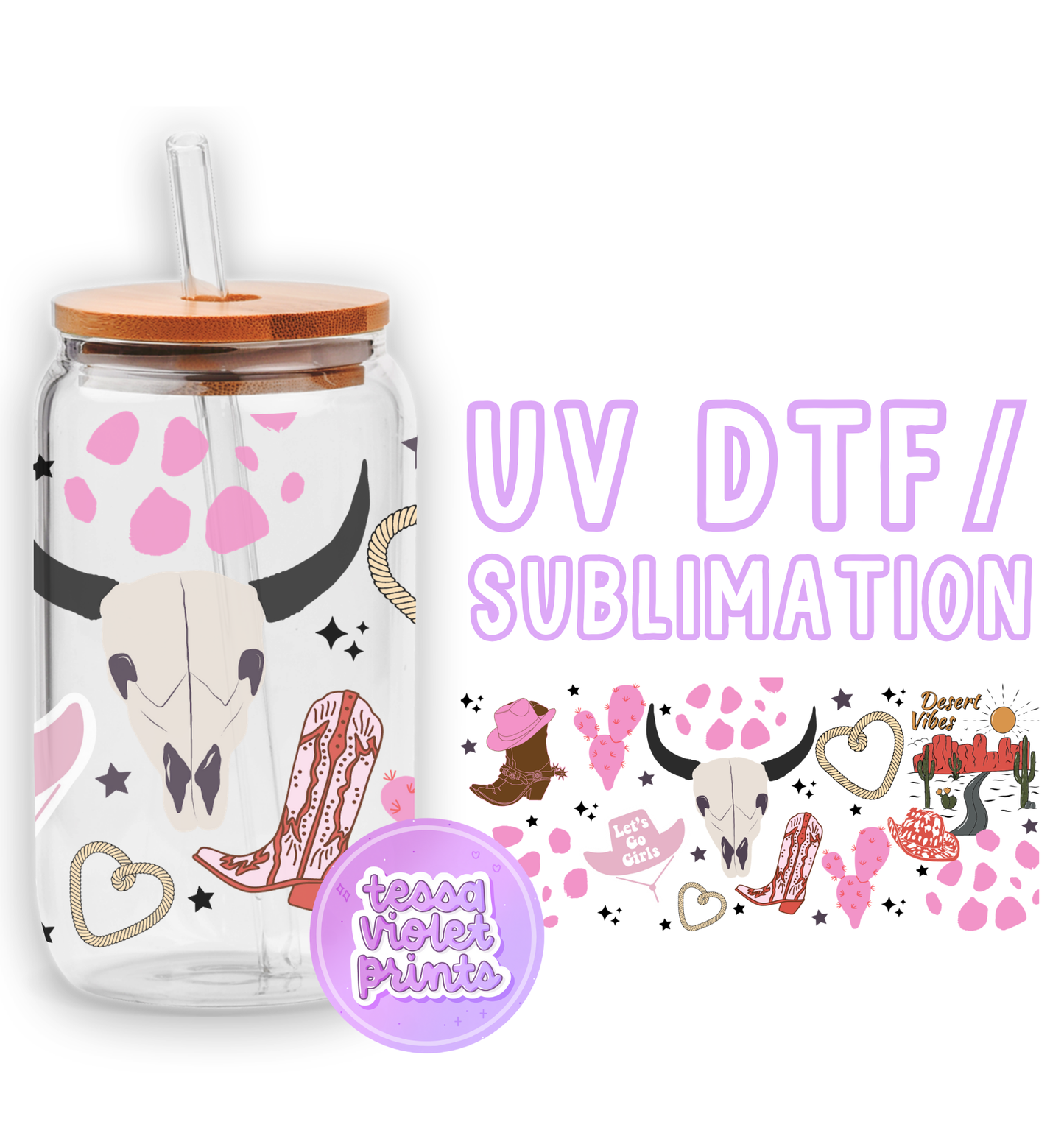 a glass jar with a straw lid and a picture of a cow on it