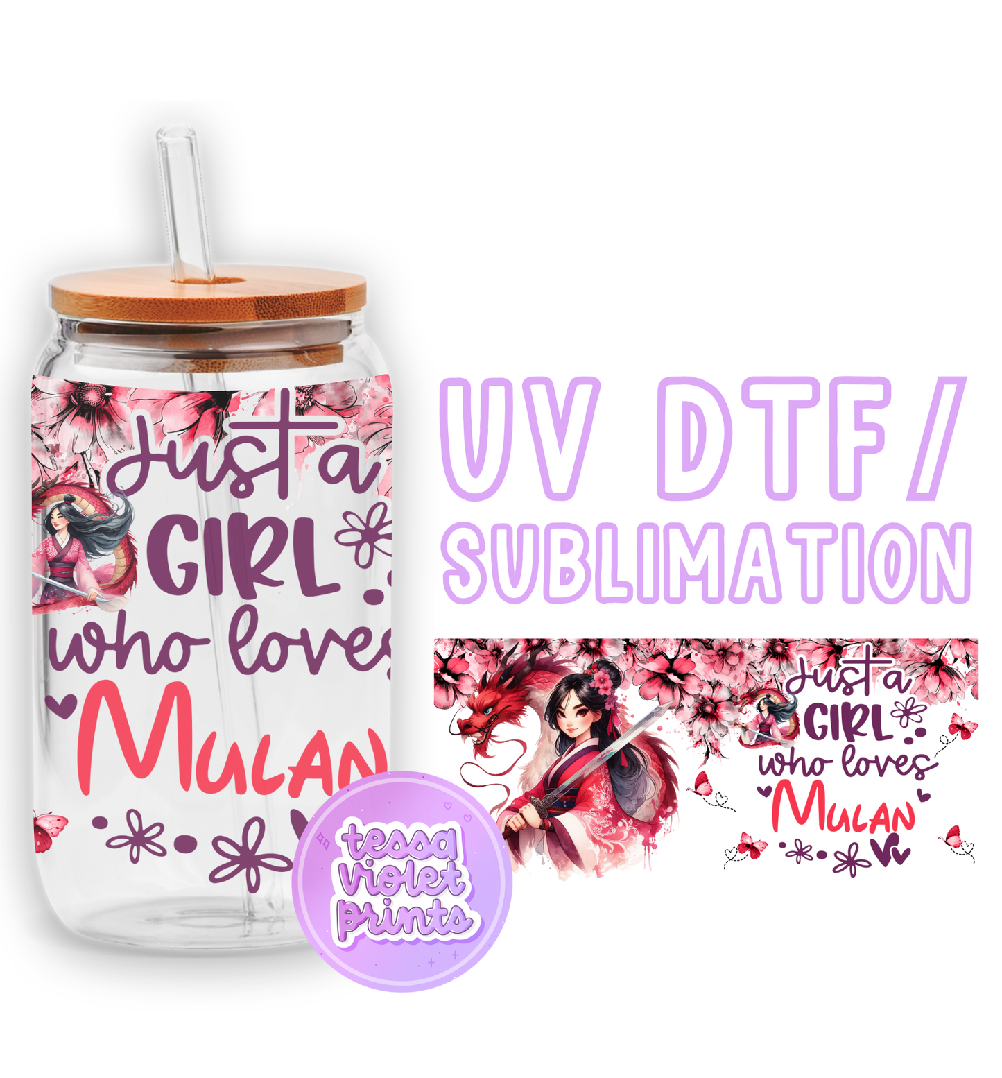 a glass jar with a straw lid and a sticker with a picture of a