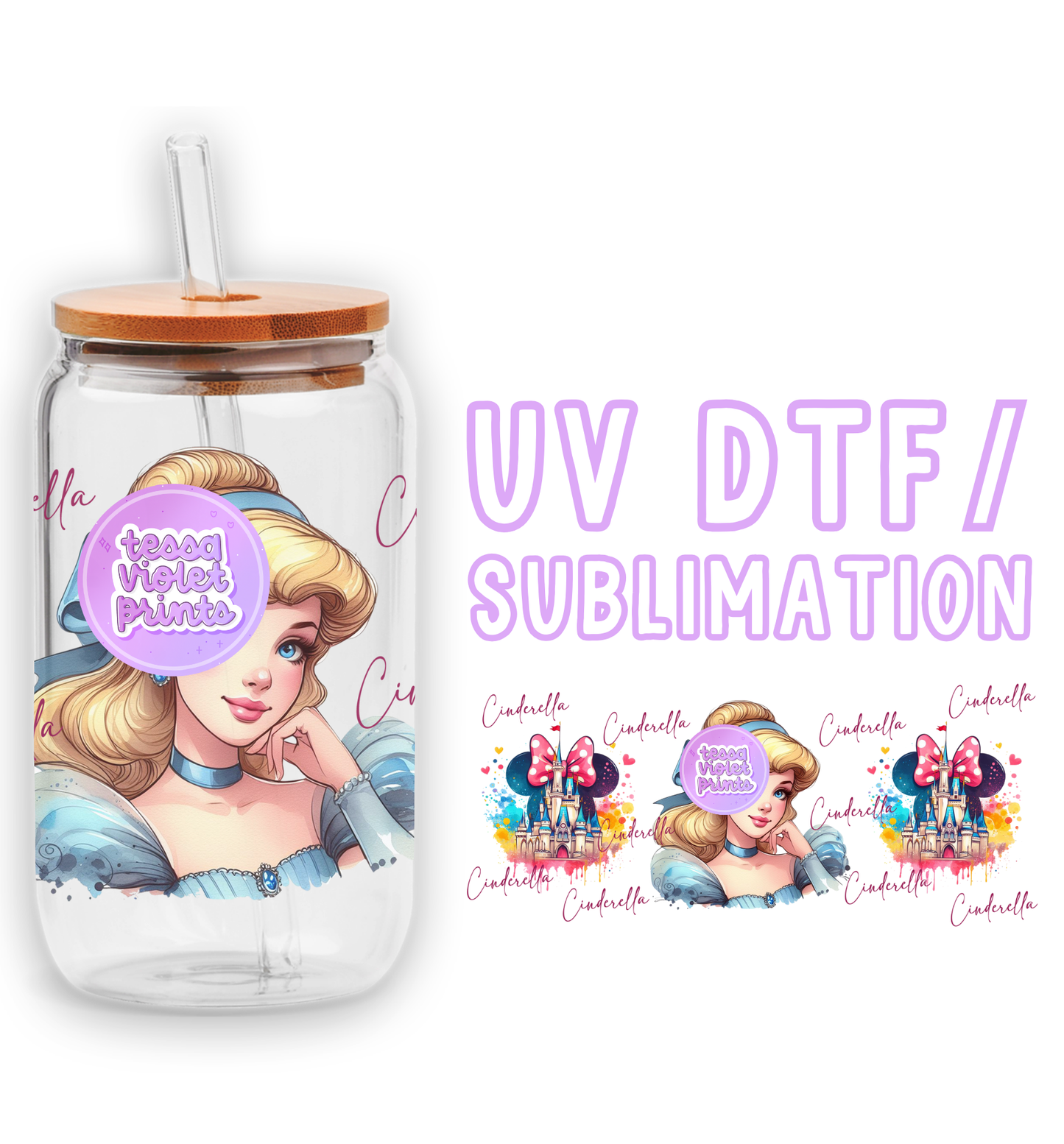 a glass jar with a picture of a princess on it