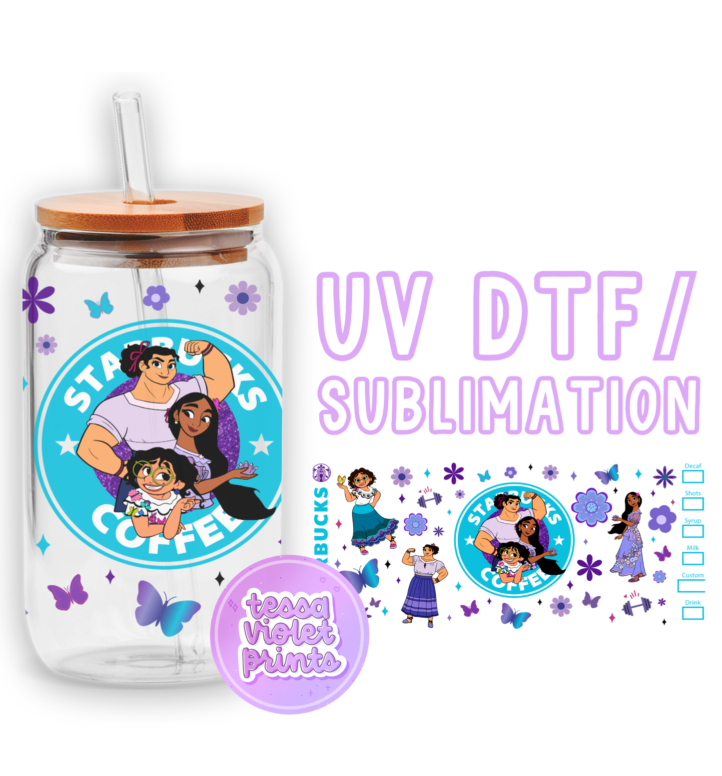 a glass jar with a sticker of a cartoon character on it