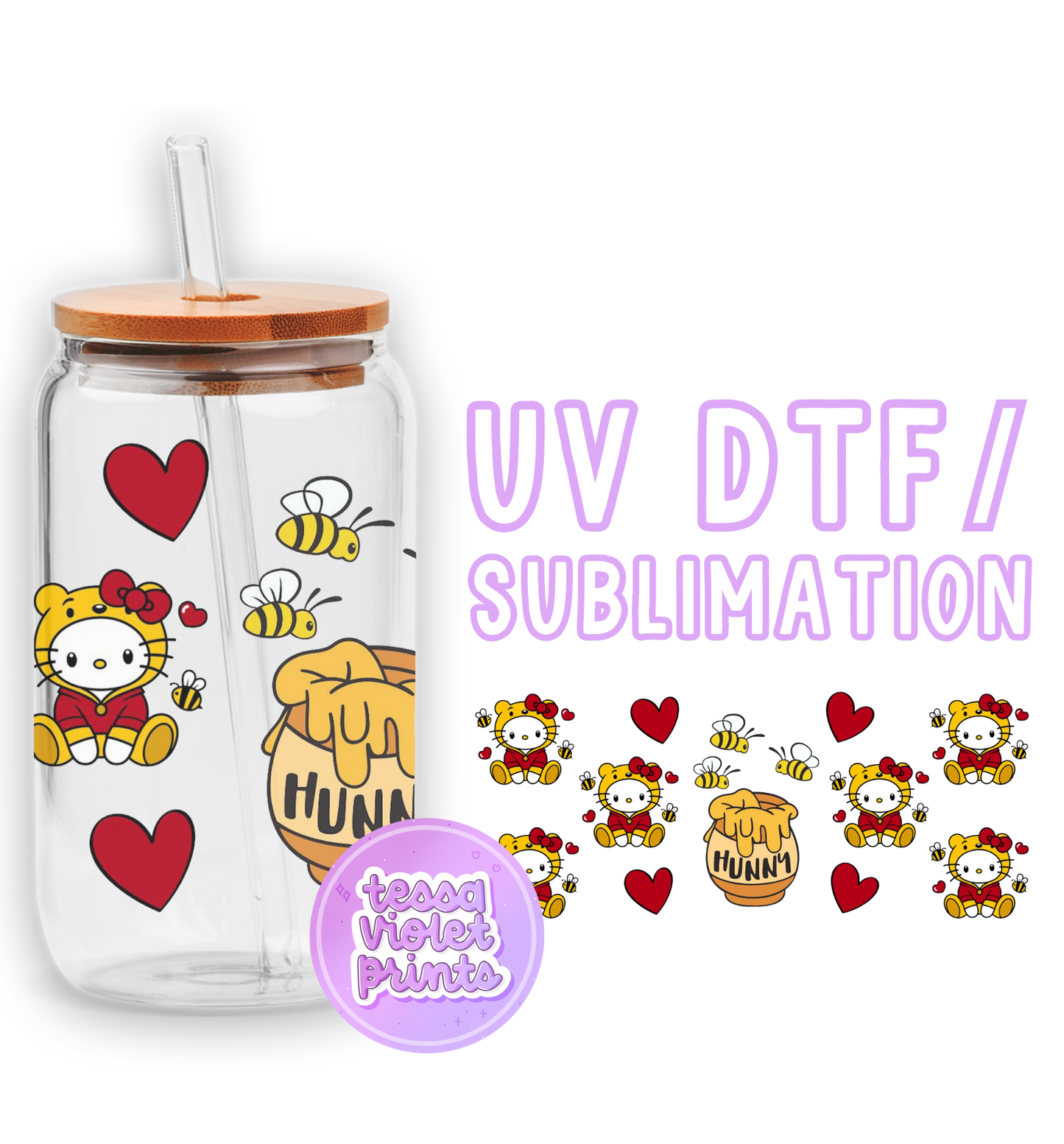 a glass cup with a hello kitty design on it