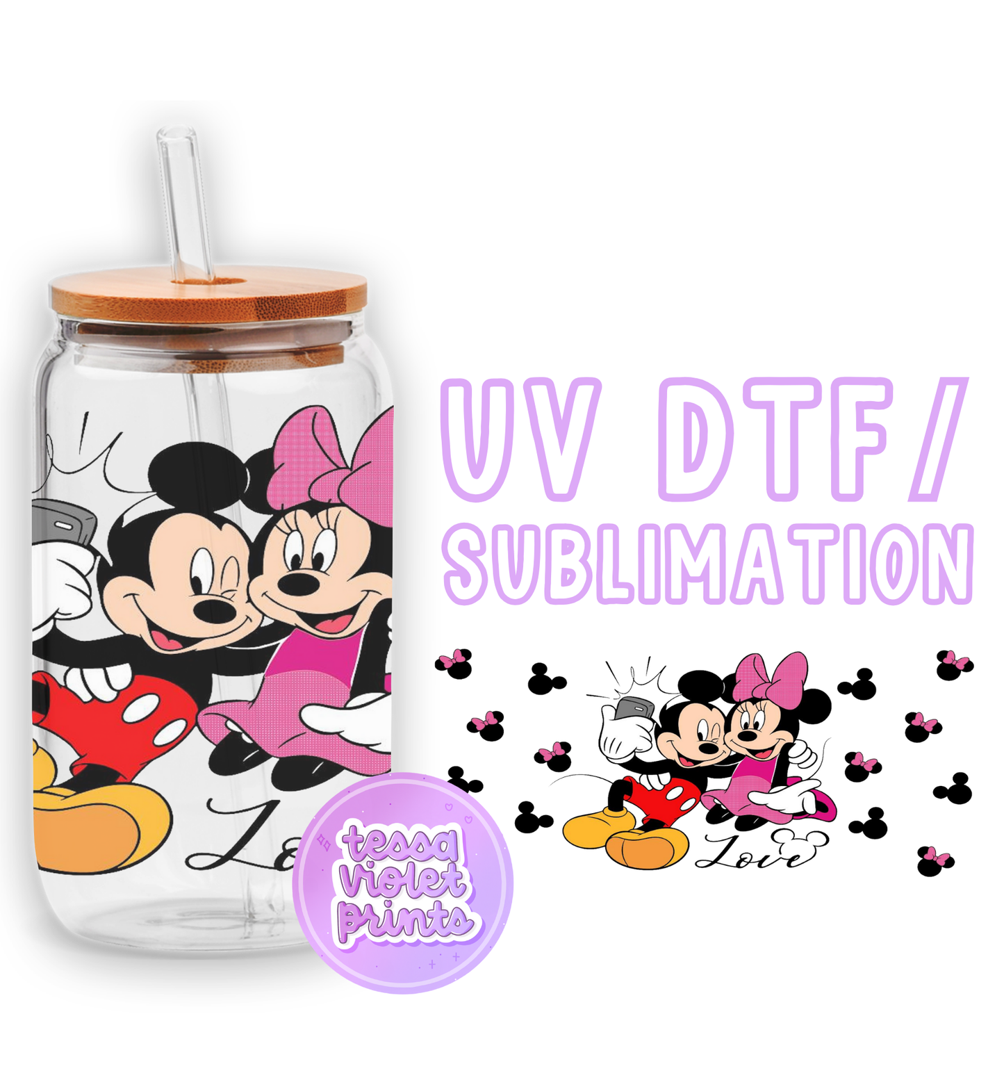a glass cup with a minnie mouse design on it