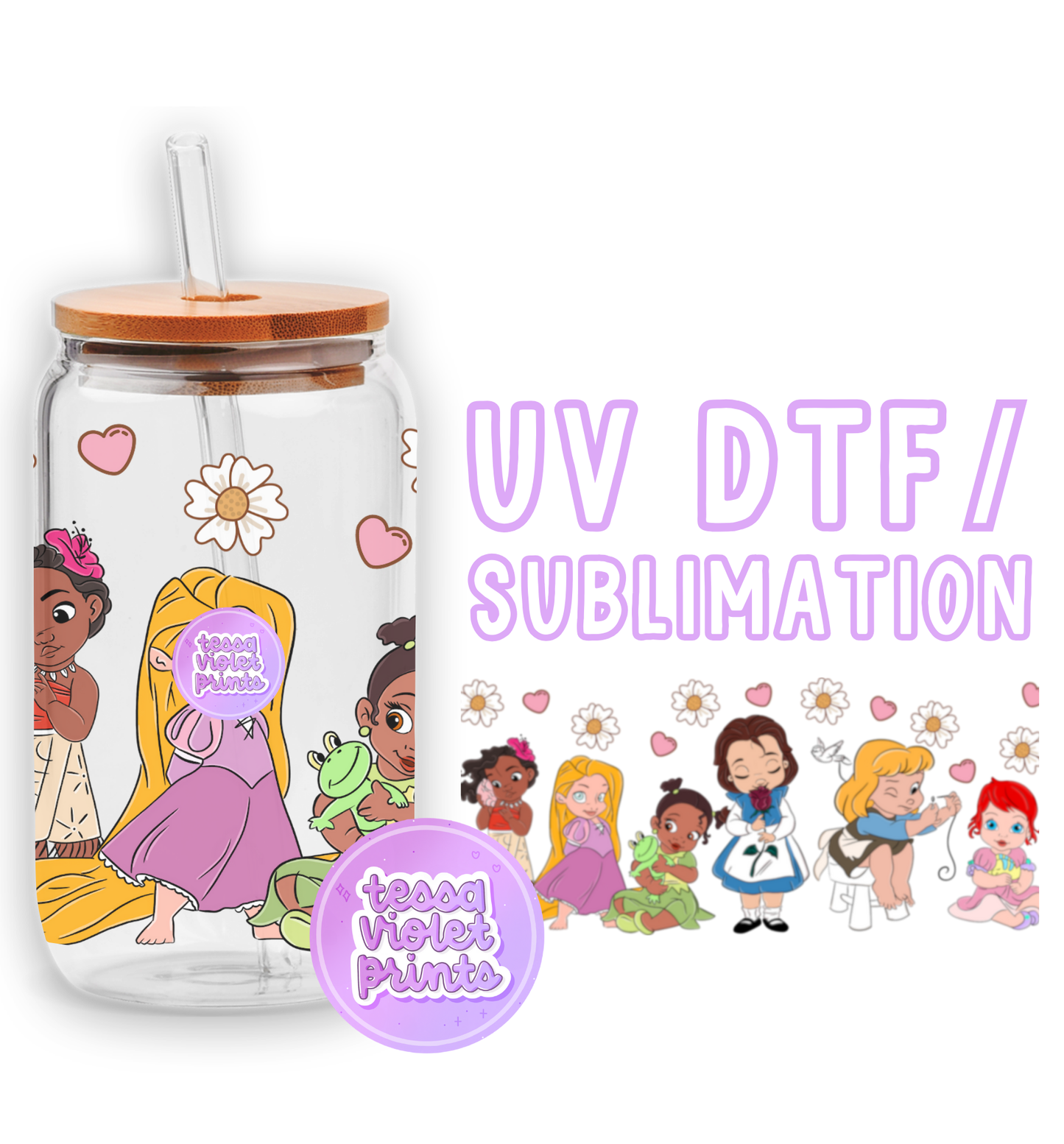 a glass jar with a picture of princesses on it