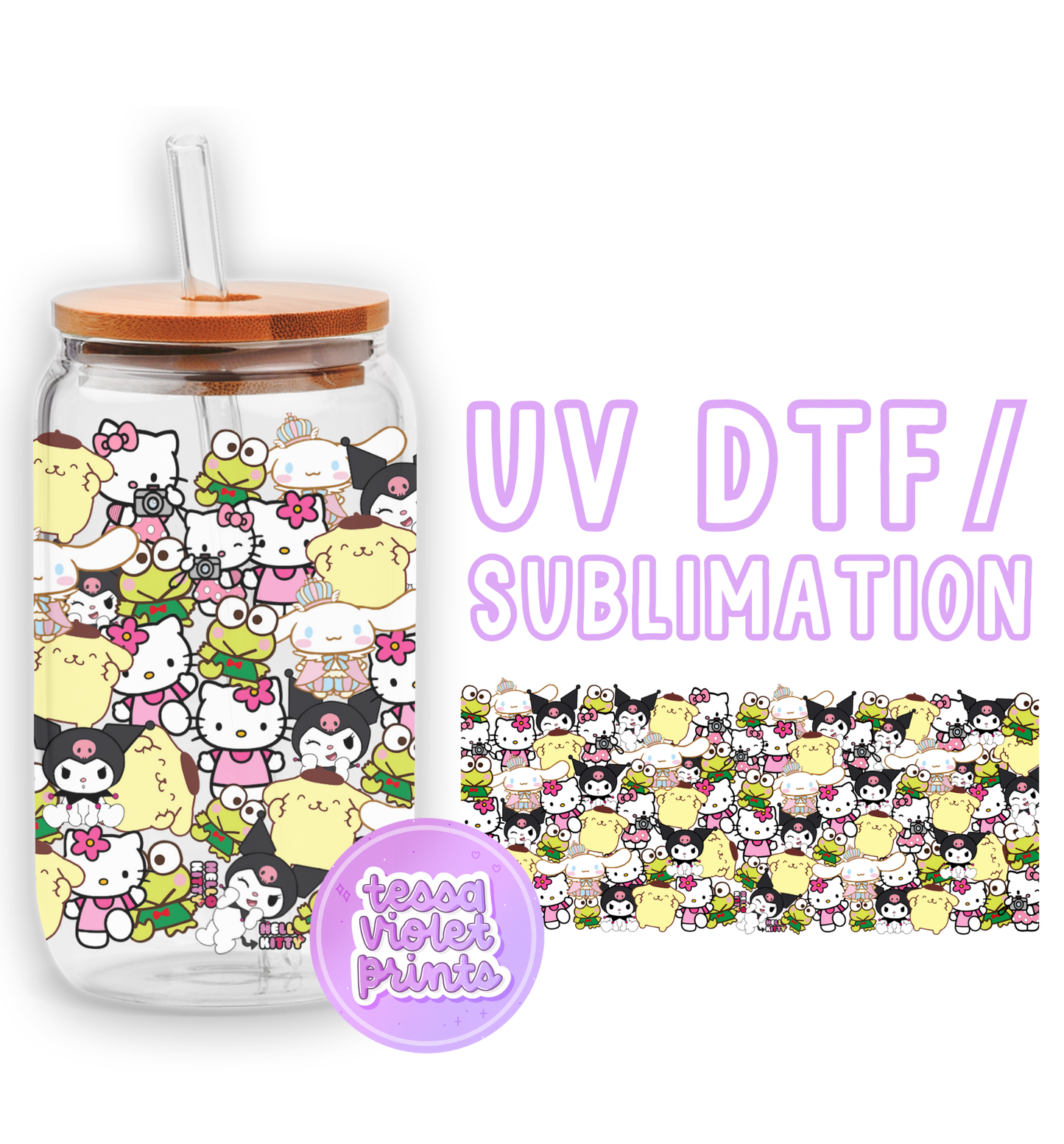 a glass jar with hello kitty stickers on it