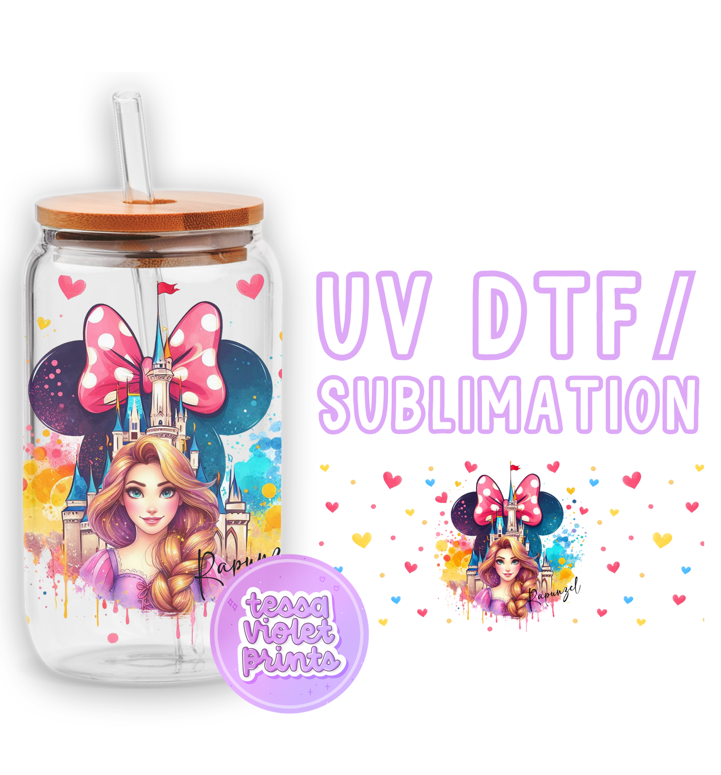 a glass jar with a picture of a girl and a castle on it