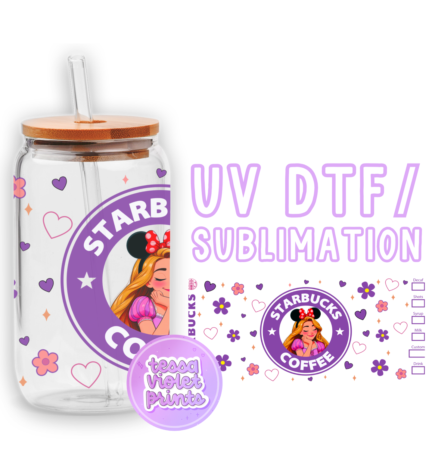 a glass jar with a straw lid and a sticker with a picture of a