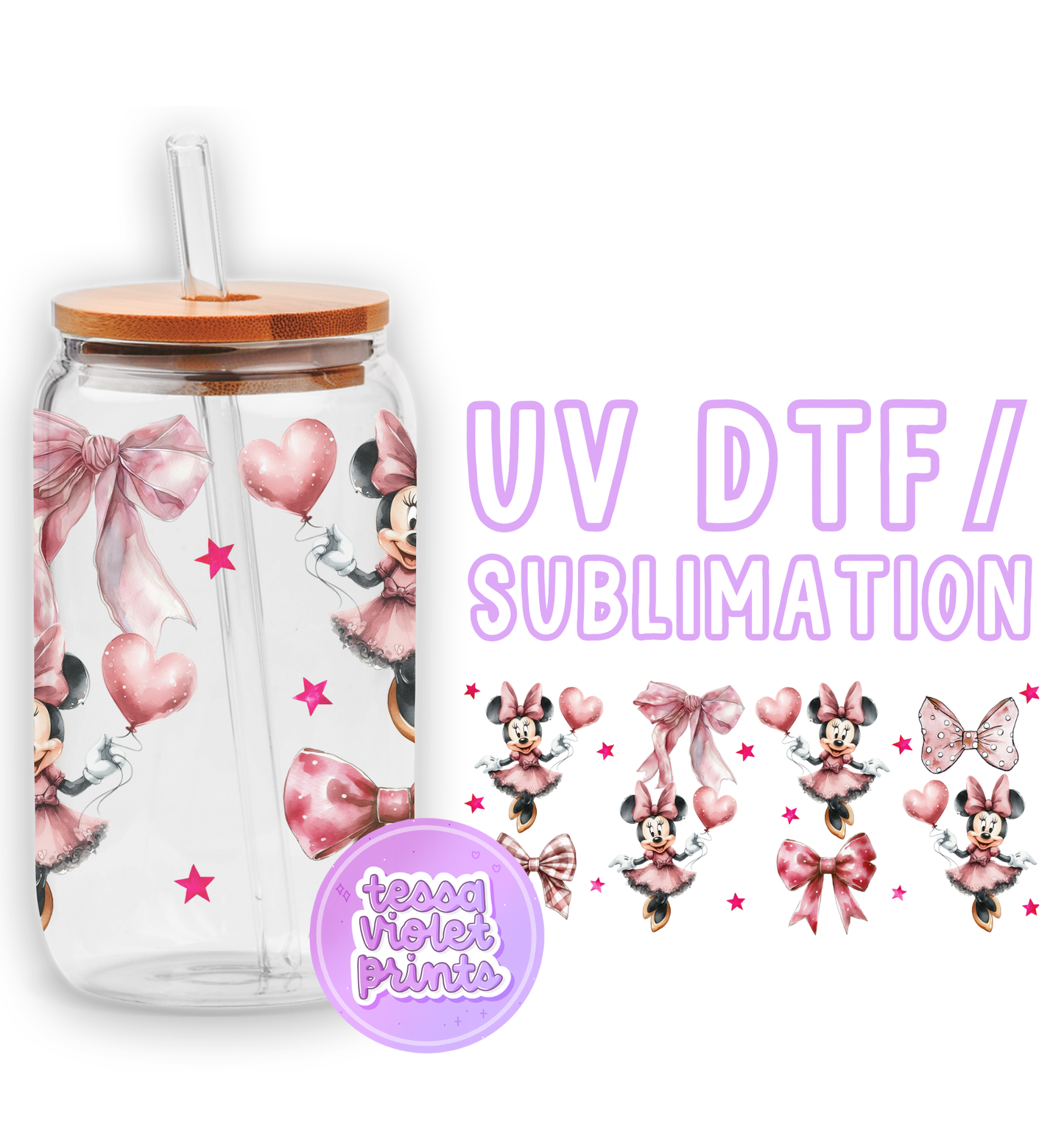 a glass cup with a minnie mouse design on it