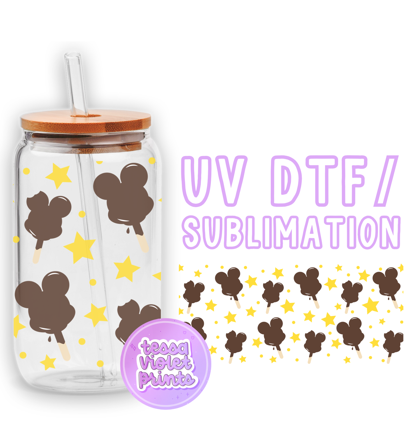 a glass cup with a straw lid and a mickey mouse design on it