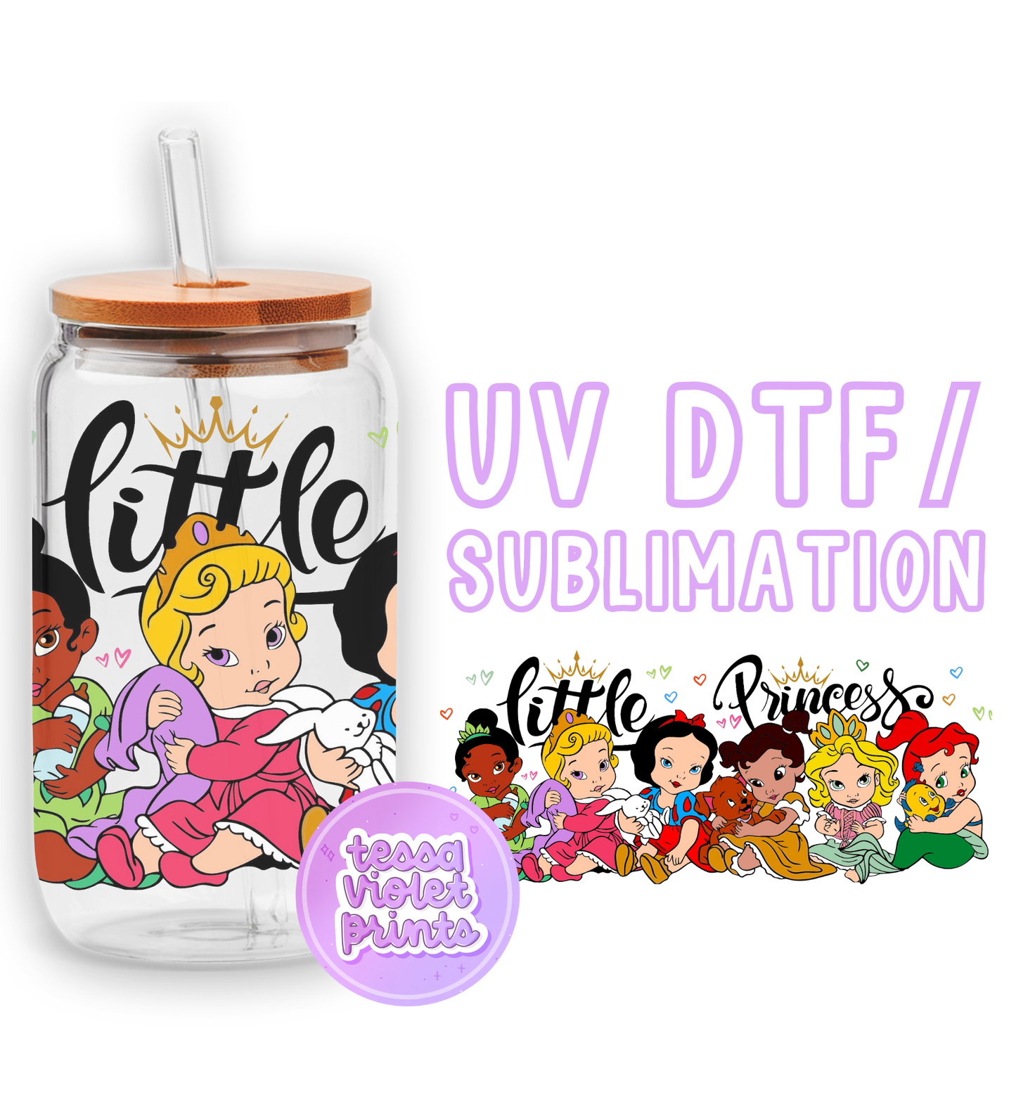 a glass jar with a straw lid and a picture of princesses on it