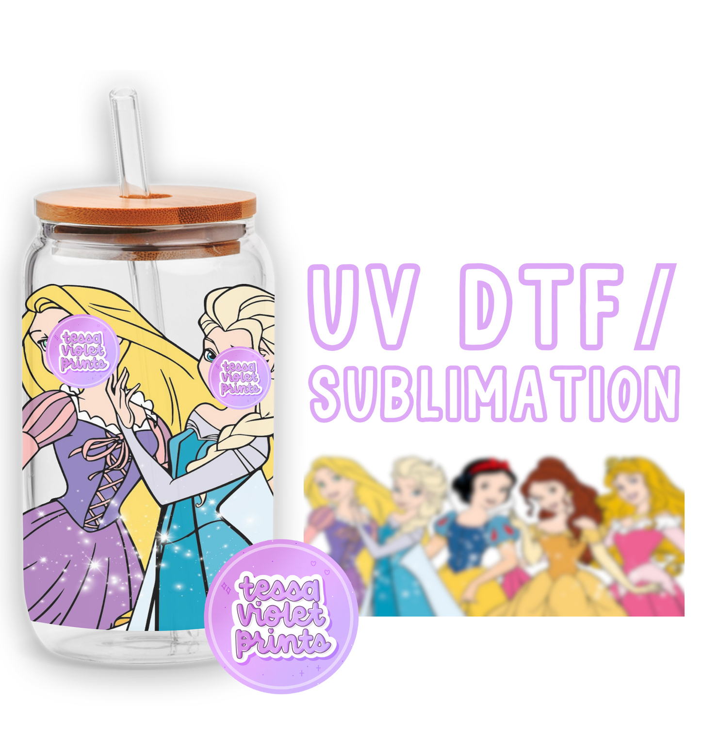 a glass jar with a picture of princesses on it