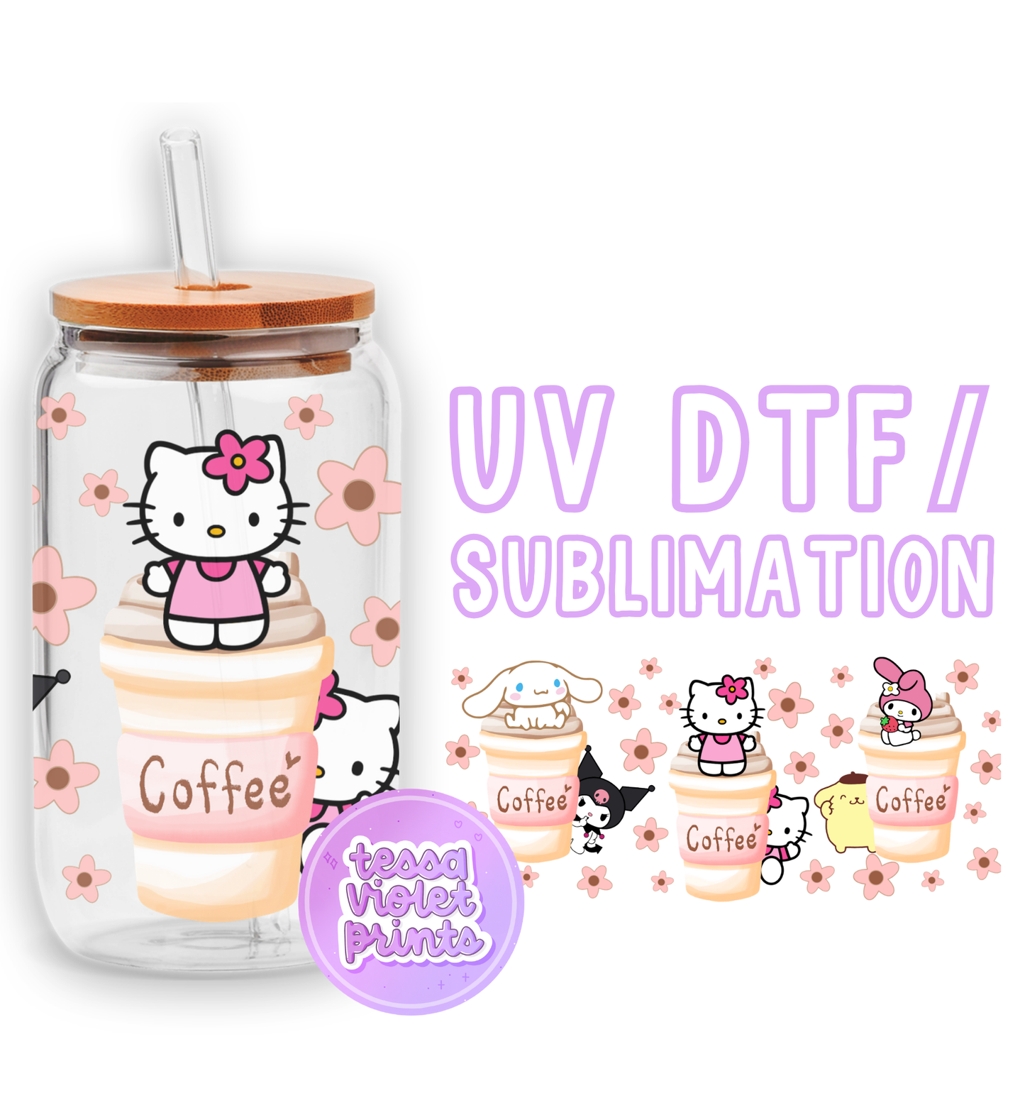 a glass jar with hello kitty stickers on it