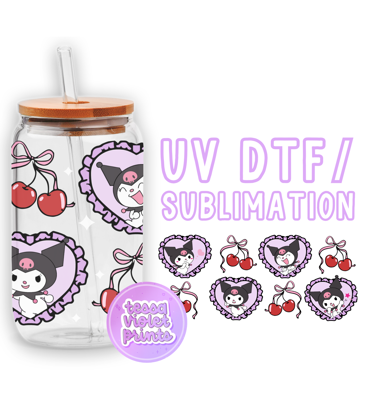 a glass cup with a straw lid and a sticker with a picture of a