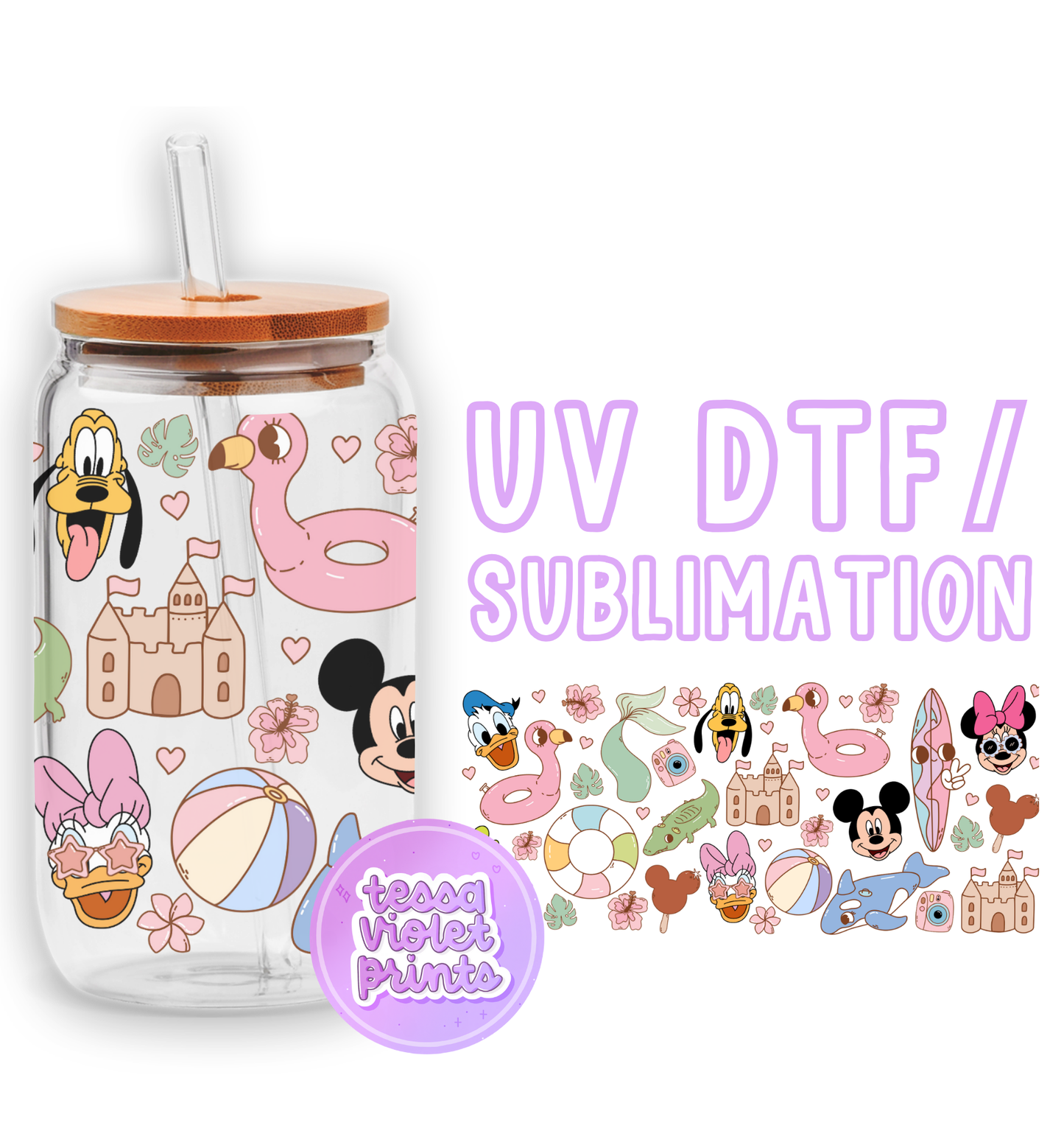 a glass jar with a mickey mouse pattern on it