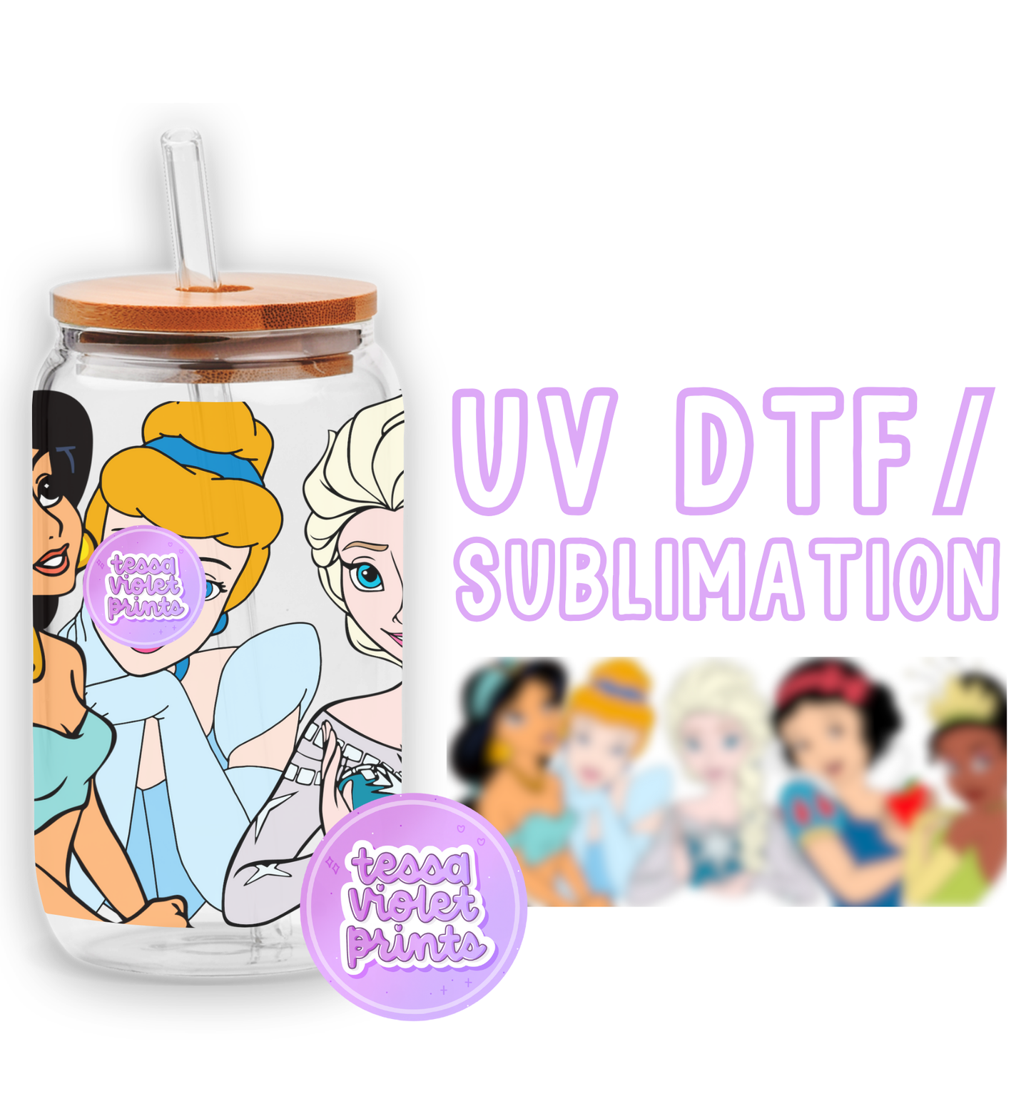 a glass jar with a picture of princesses on it