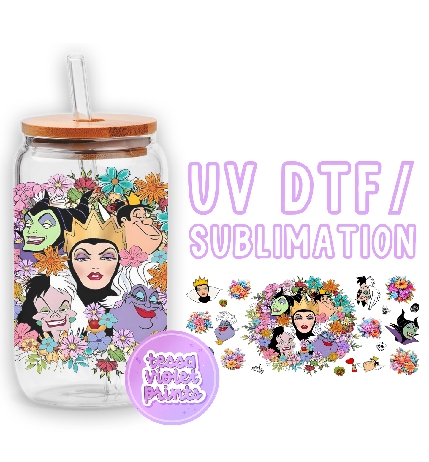 a glass jar with a sticker of cartoon characters on it