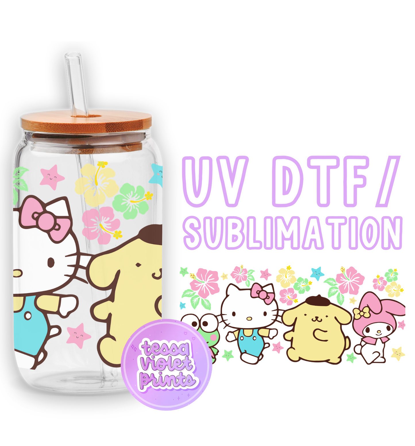 a glass jar with hello kitty stickers on it