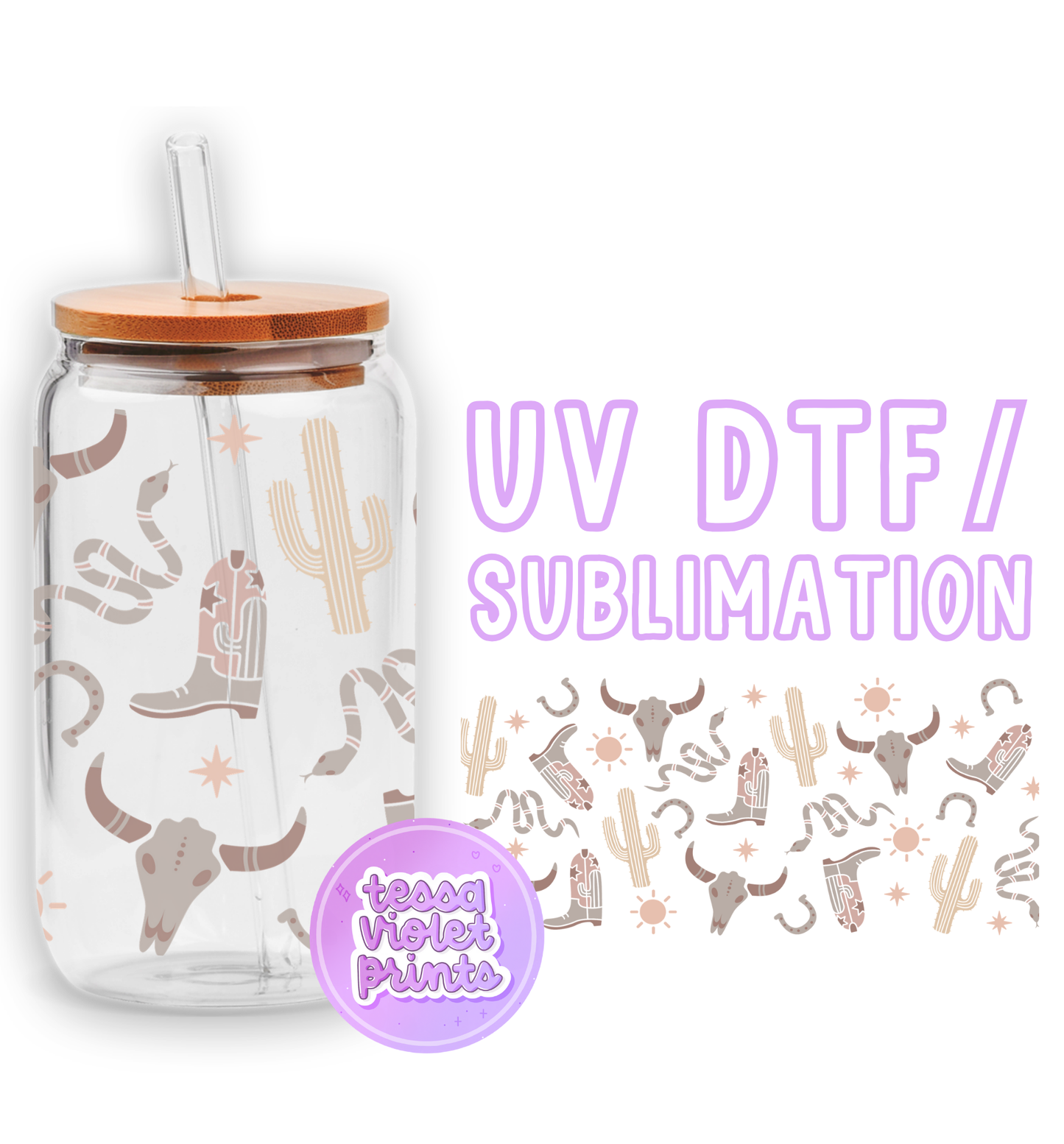 a glass jar with a straw lid and a cactus pattern on it