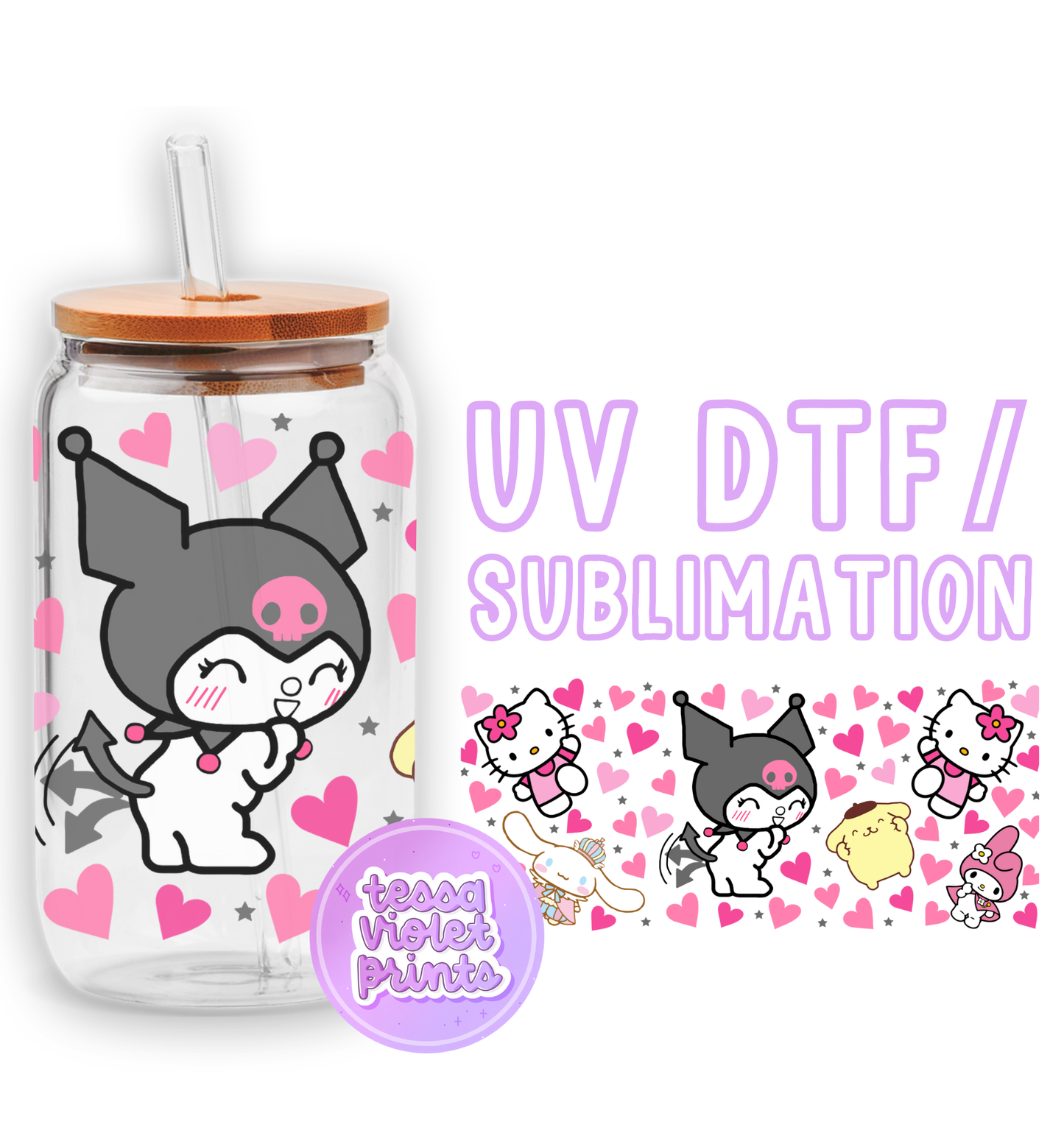 a glass jar with hello kitty stickers on it