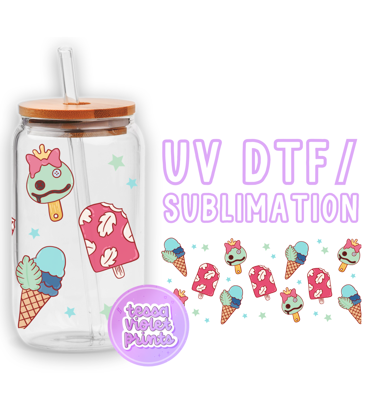 a glass cup with a straw lid and a sticker on it