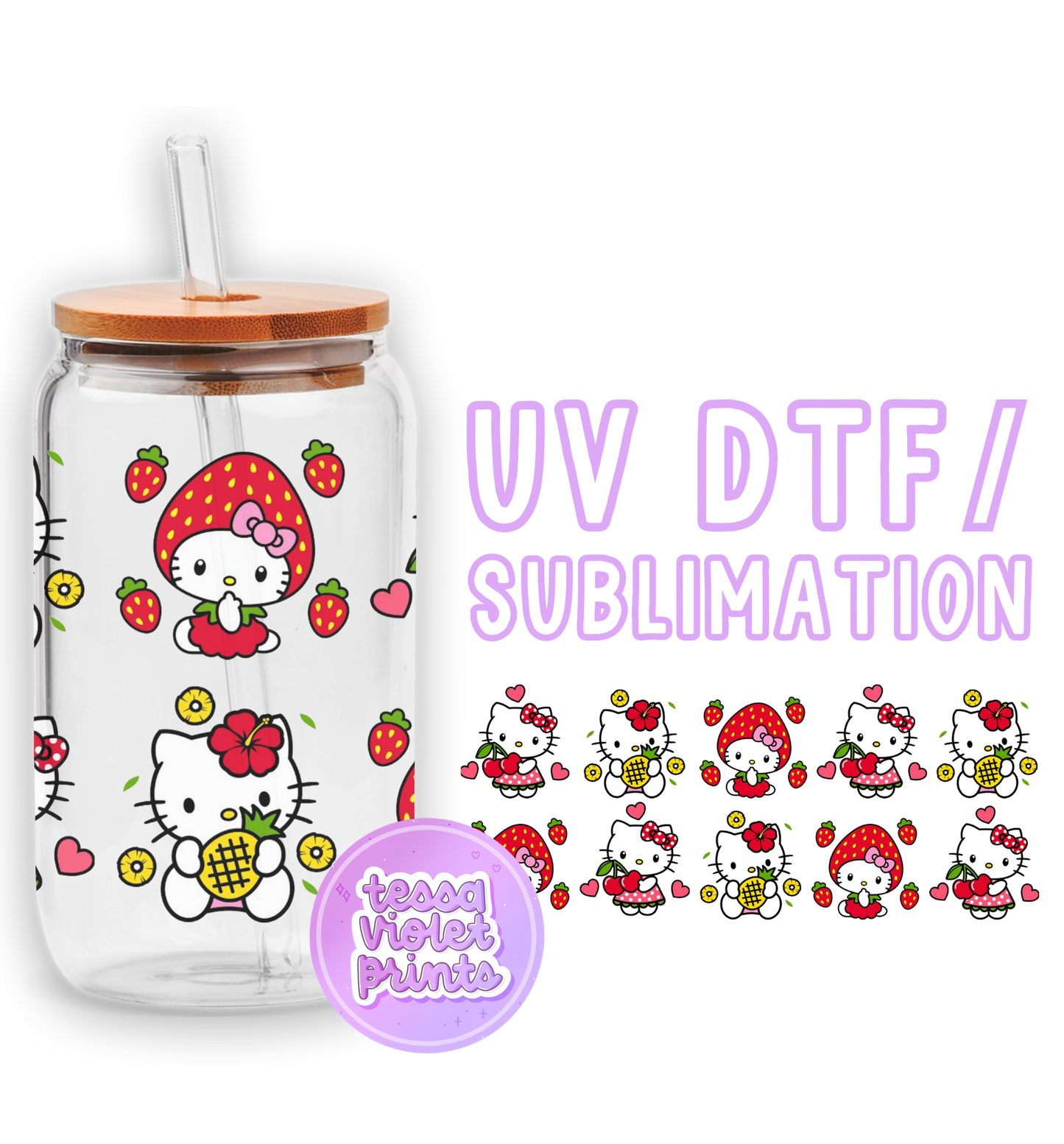 a hello kitty glass jar with straw lid and straw lid