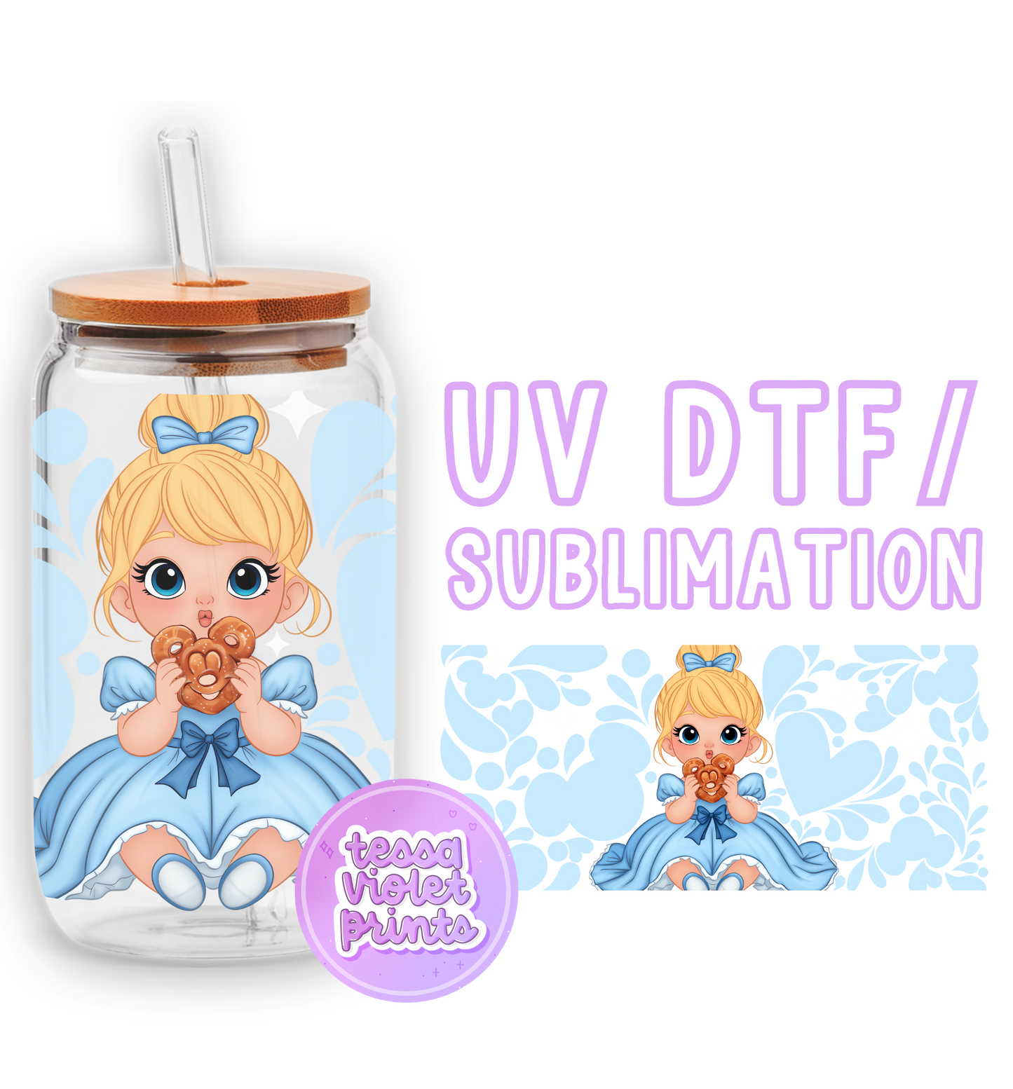 a glass jar with a picture of a little girl in a blue dress