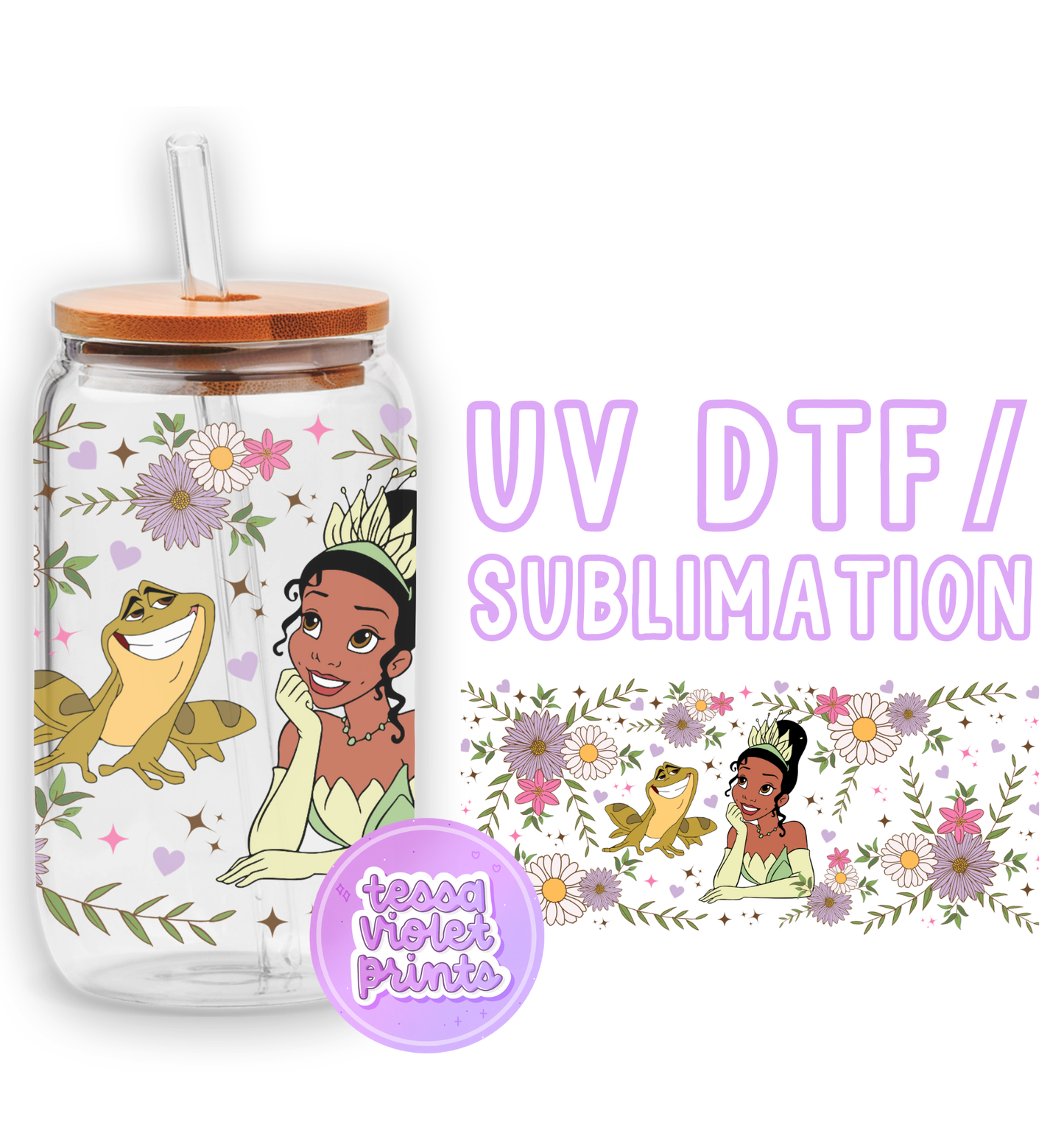 the disney princess and the frog tumbler is next to a sticker
