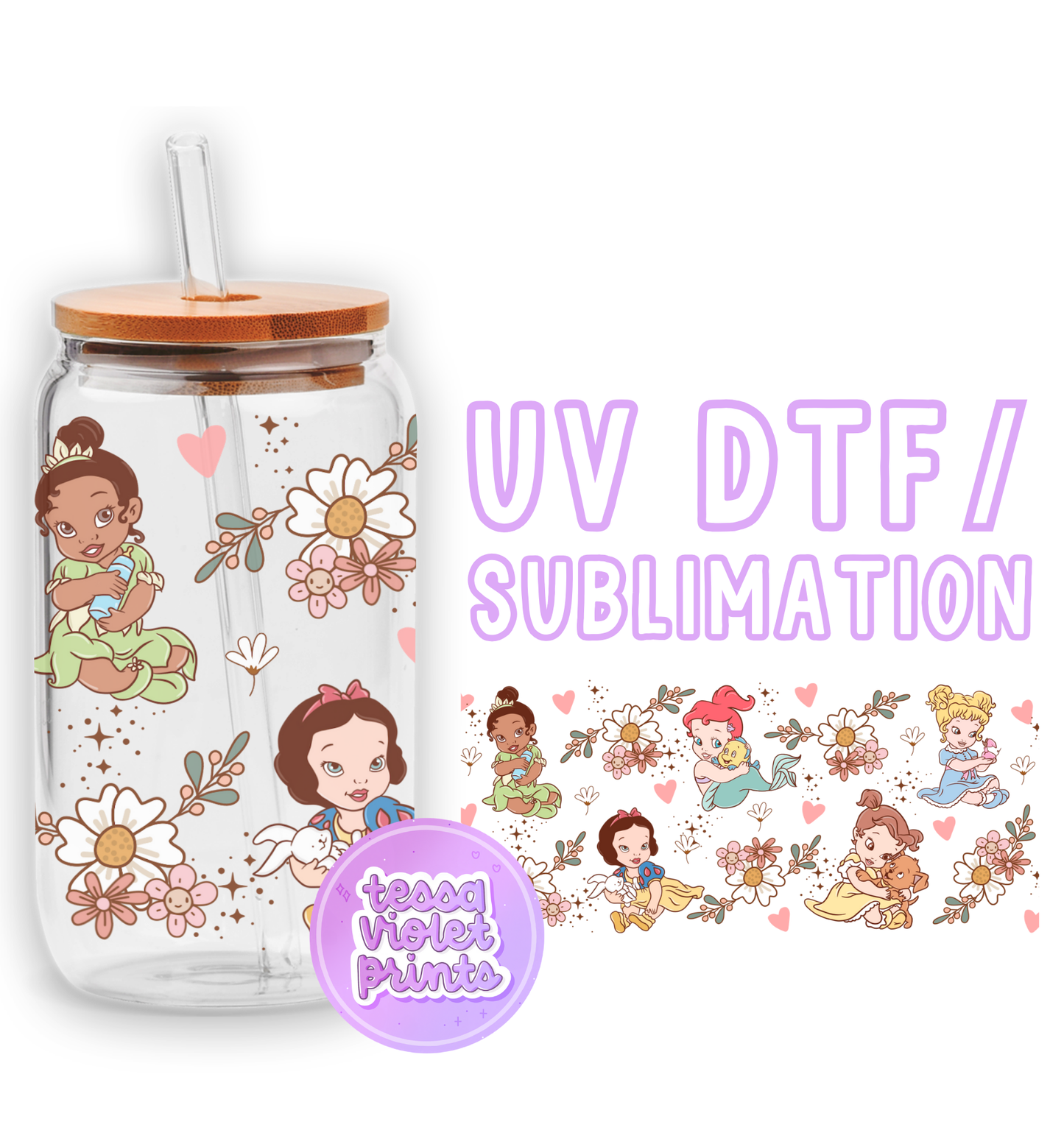 a glass jar with a sticker of princesses on it