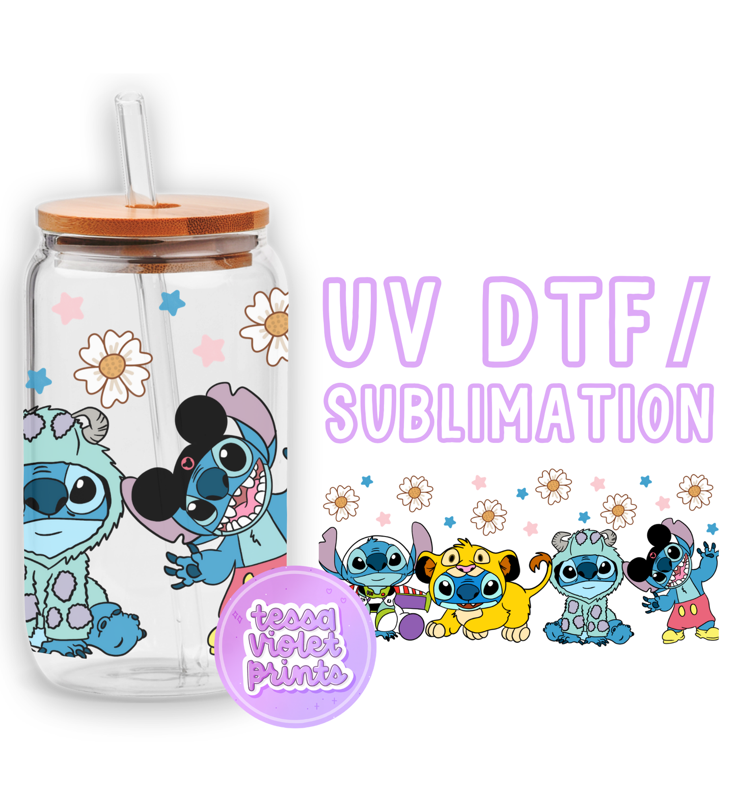 a glass cup with a straw lid and a picture of stitch stitch stitch stitch stitch