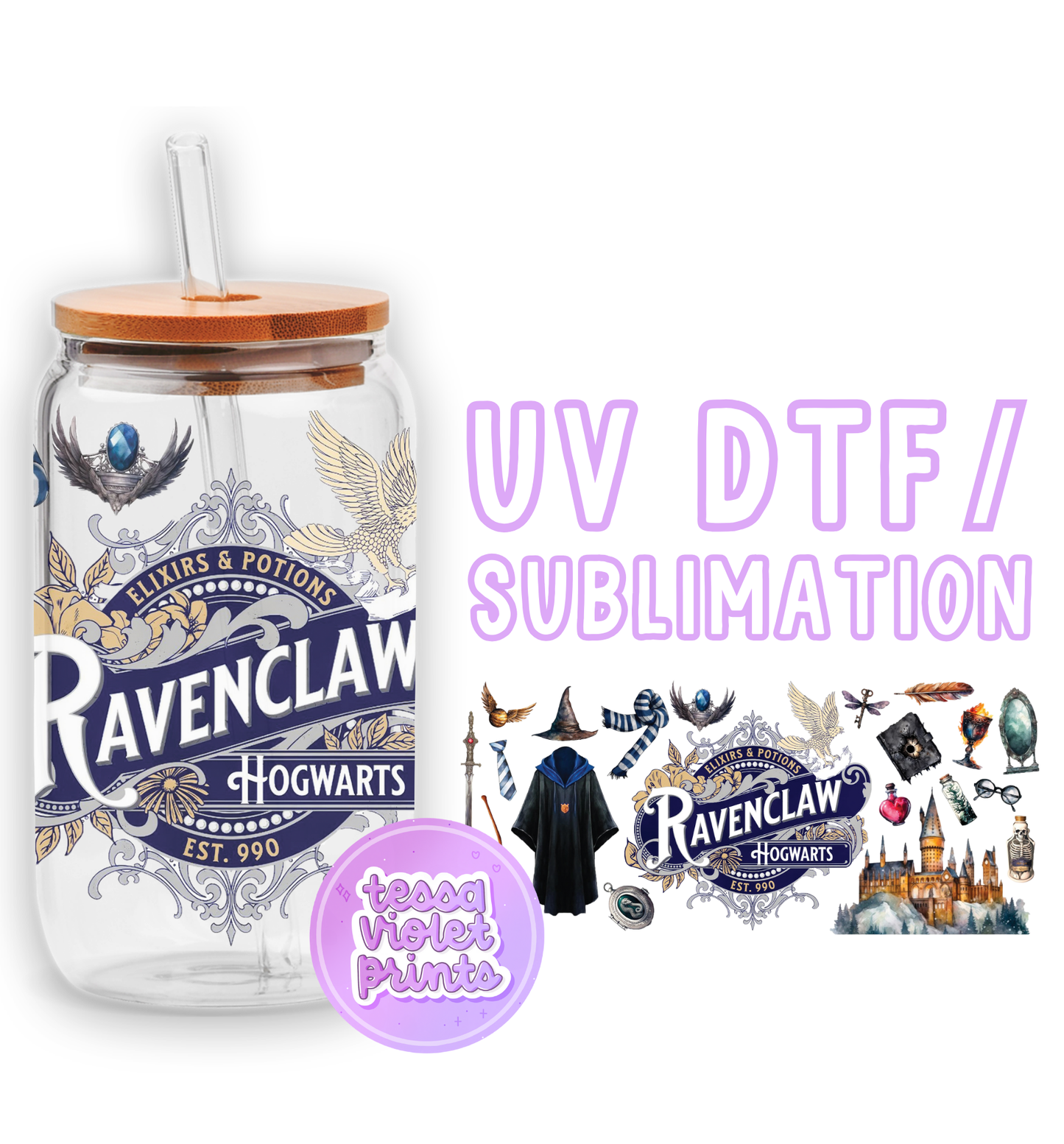 a glass jar with a straw lid and a sticker of ravenclaw