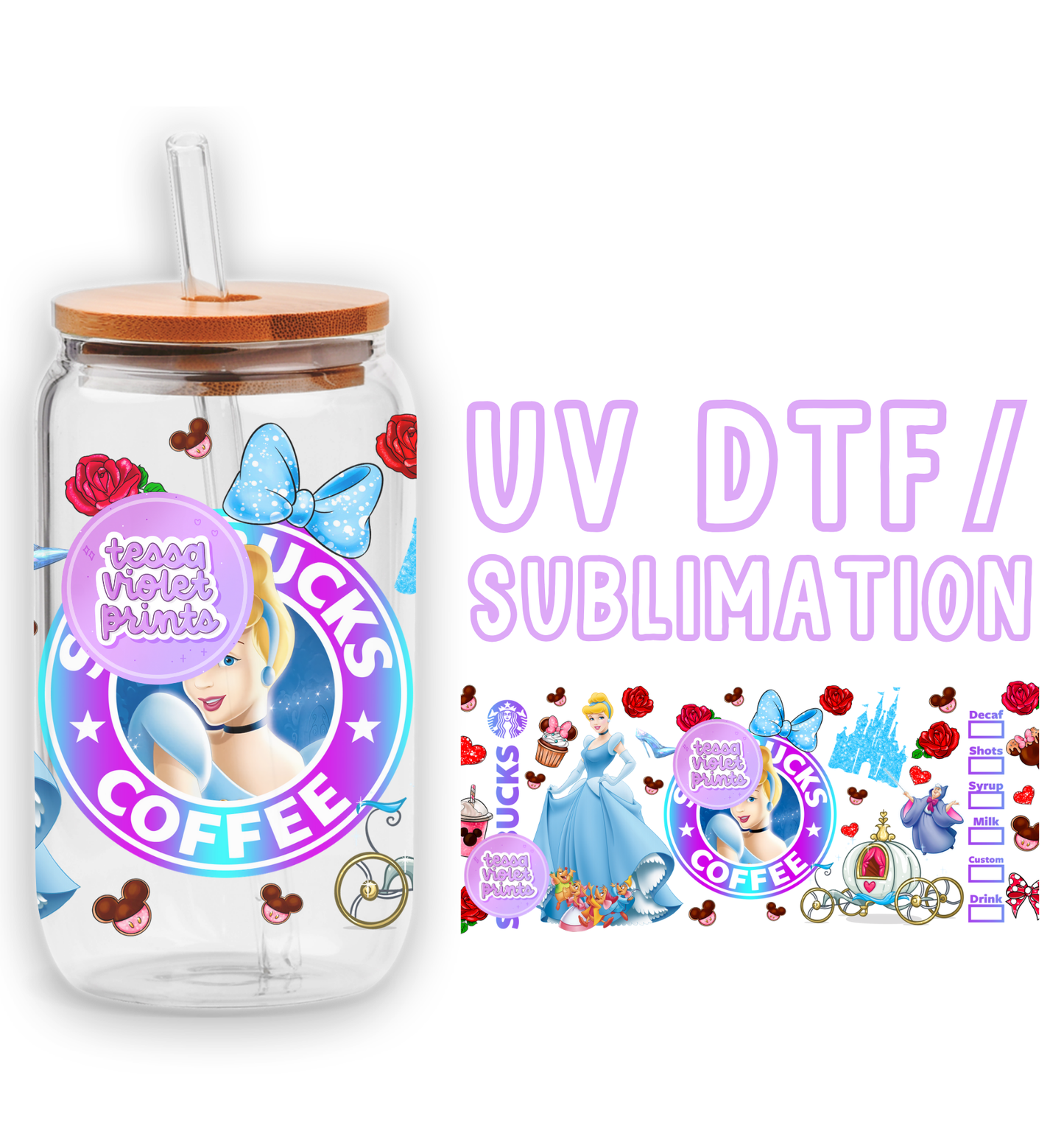 a glass jar with a straw lid and a sticker with a picture of a