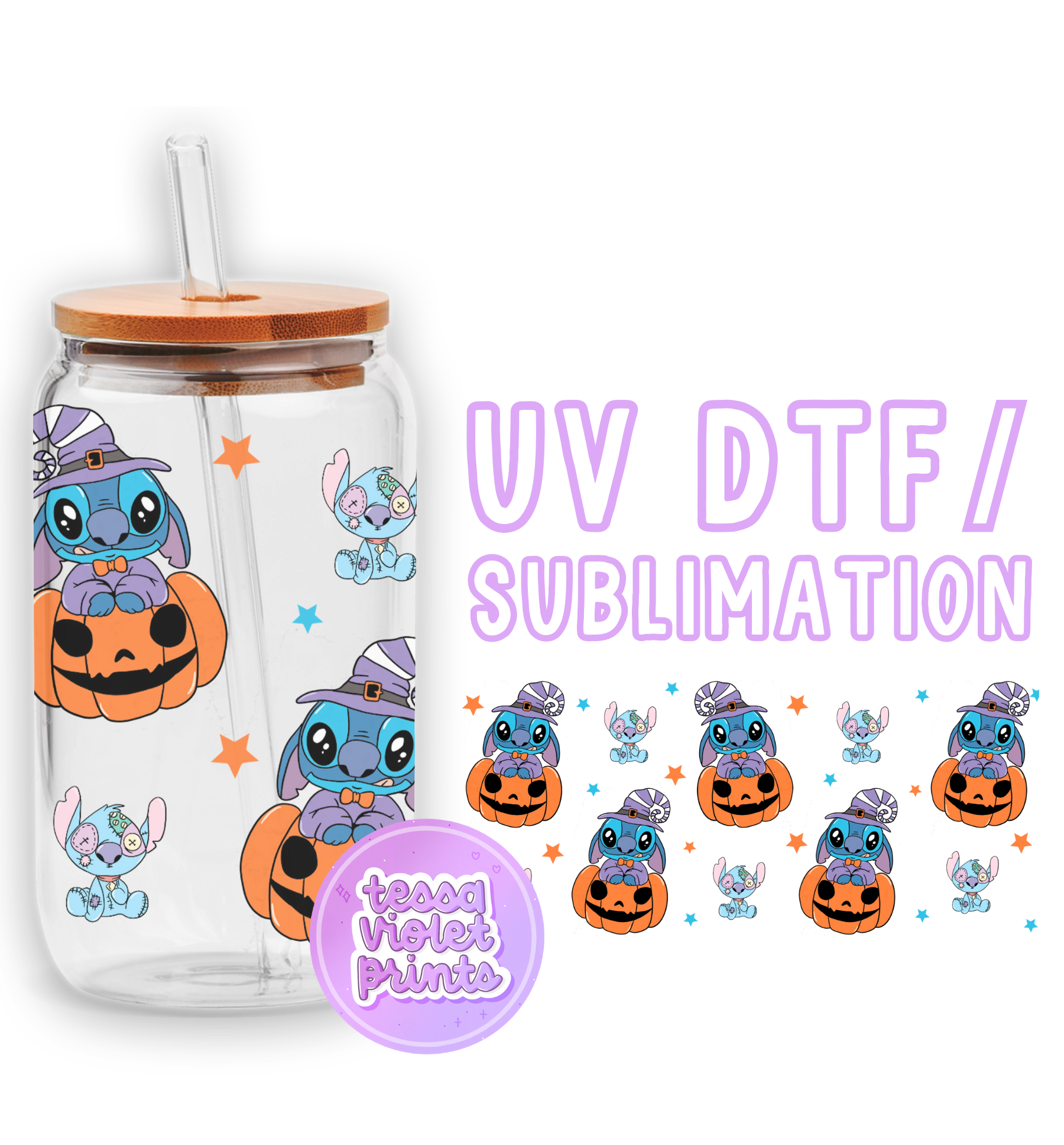 a glass cup with a lid and stickers on it