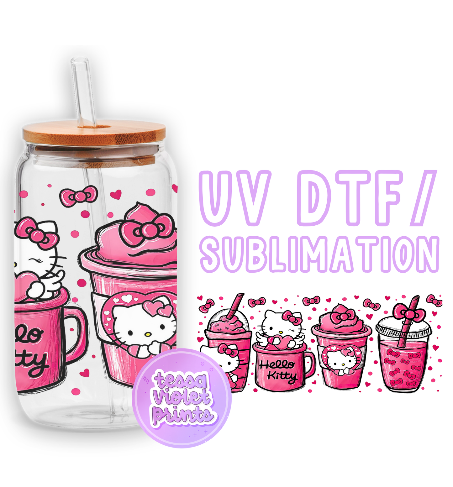 a pink hello kitty cup with hello kitty on it