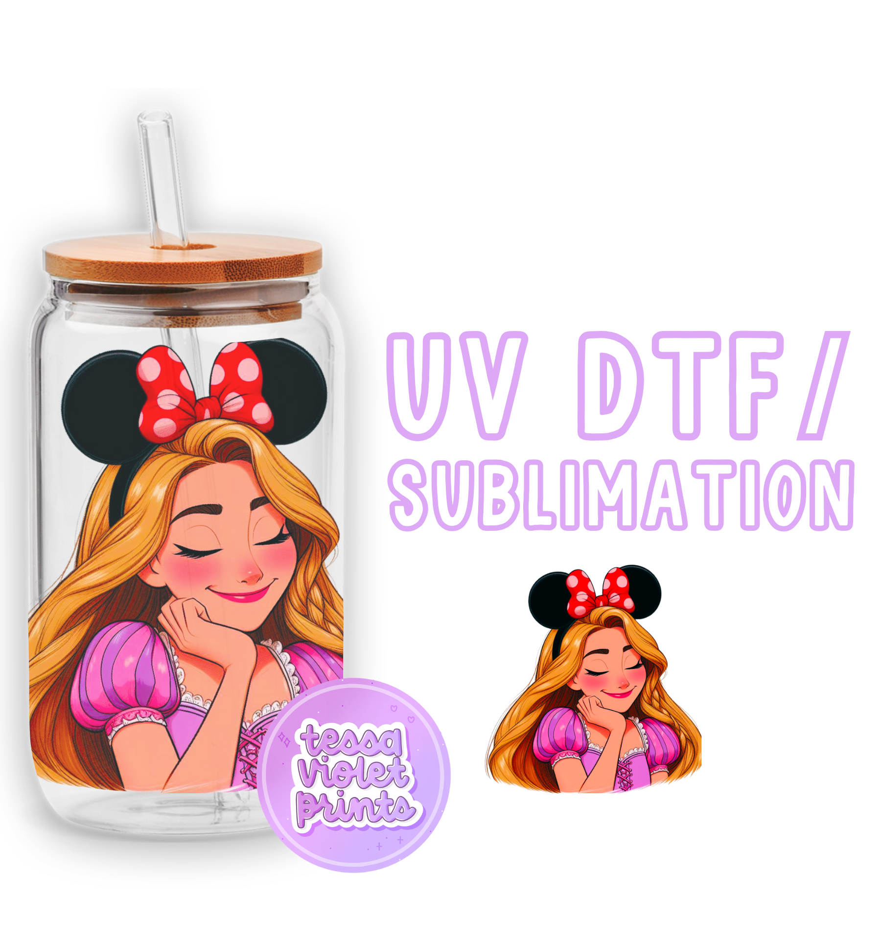 a glass jar with a picture of a girl in a minnie mouse outfit