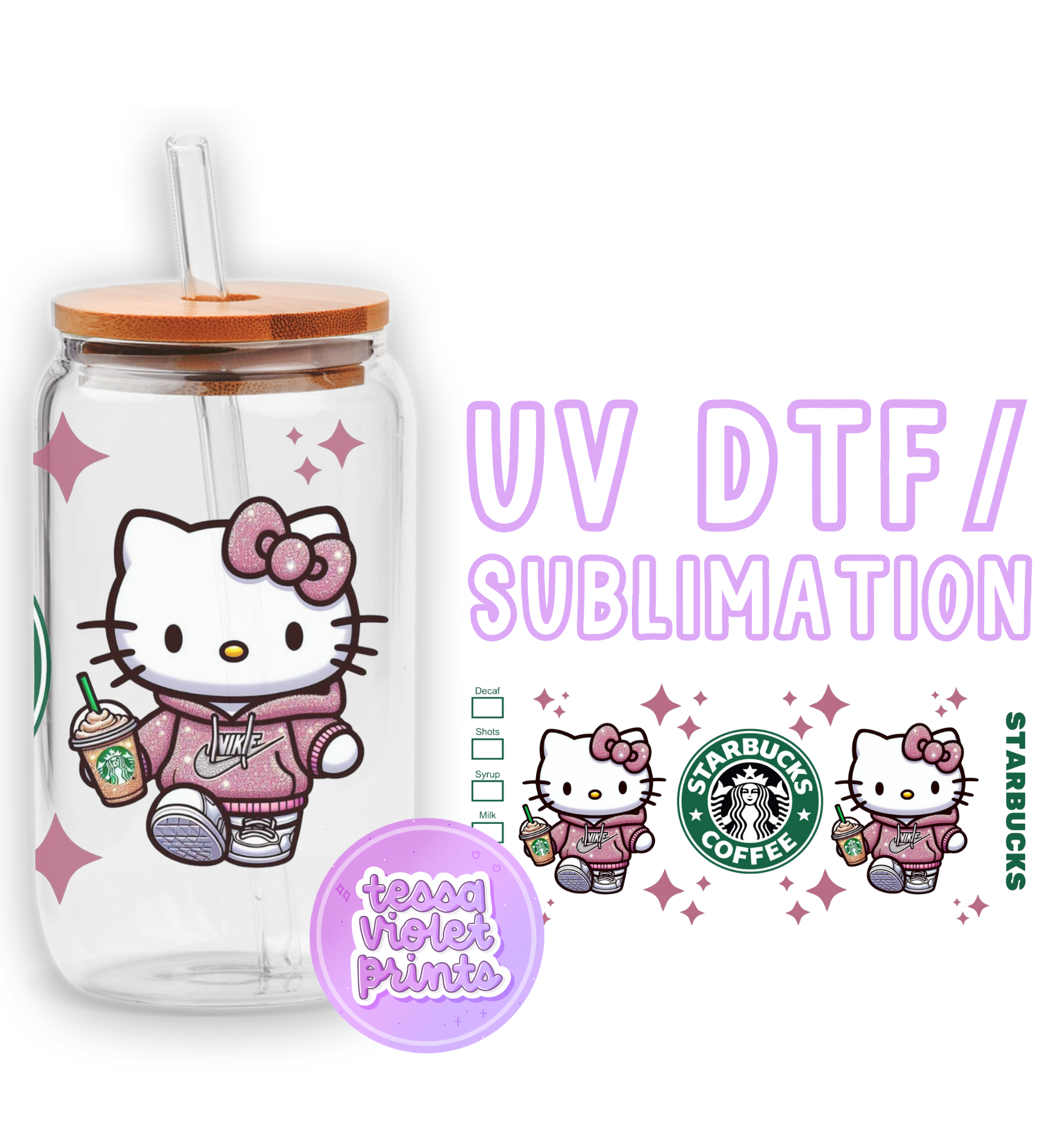 a starbucks cup with a hello kitty sticker on it