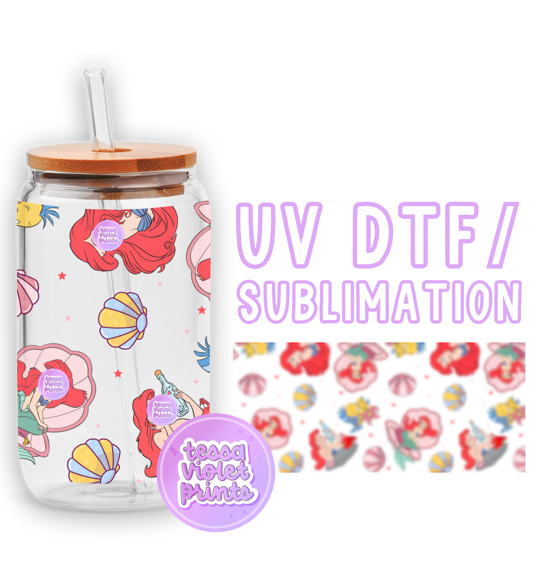 a water bottle with a straw lid and a pattern of mermaids on it