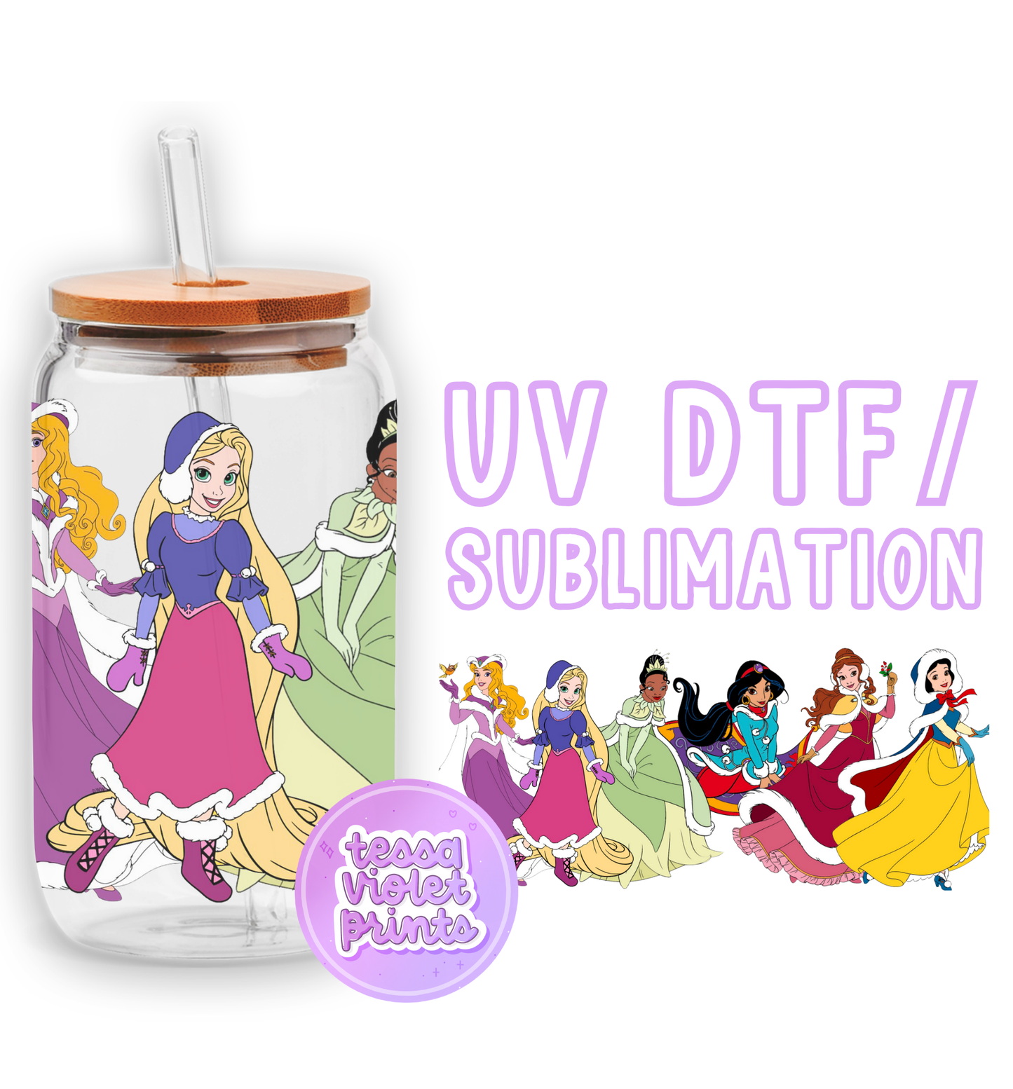 a glass jar with a picture of princesses on it