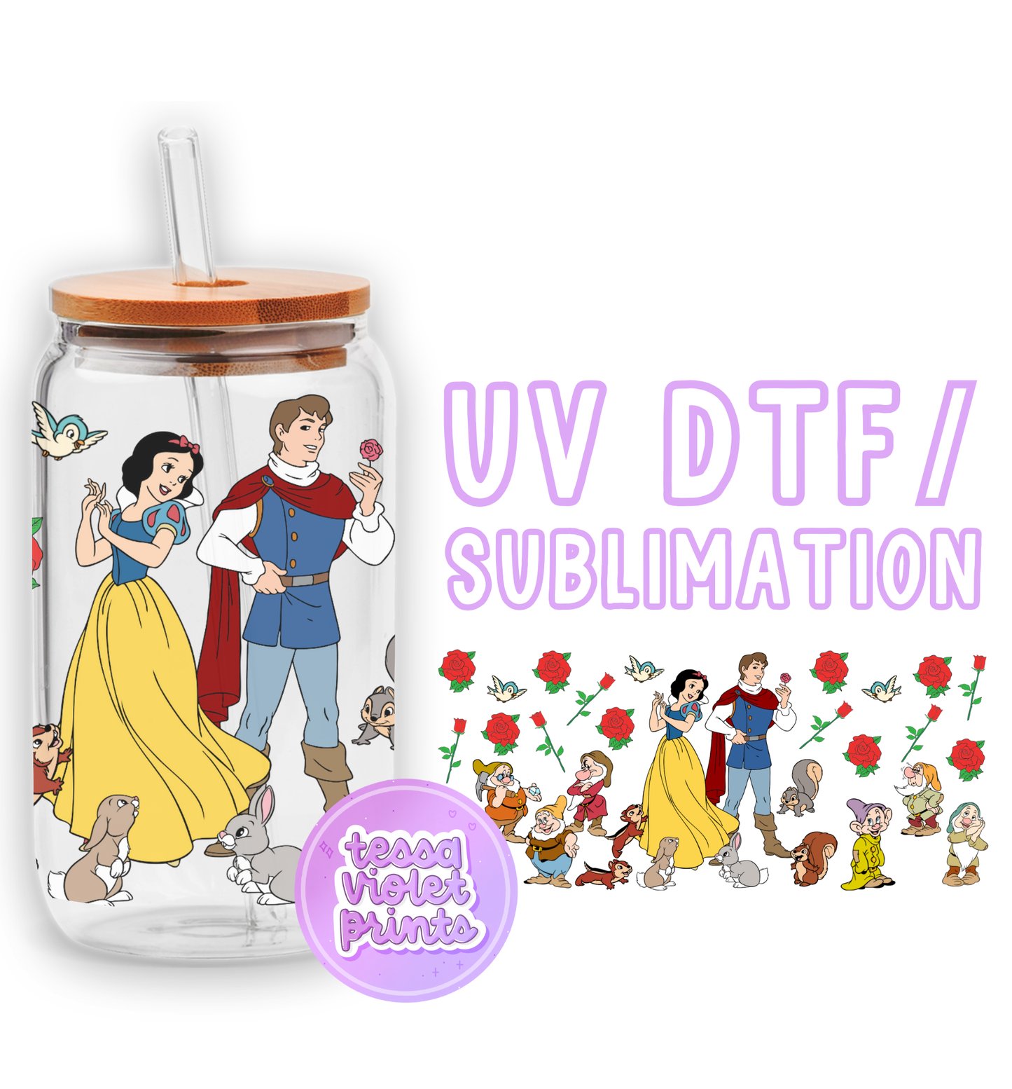 a glass jar with a picture of snow and prince on it