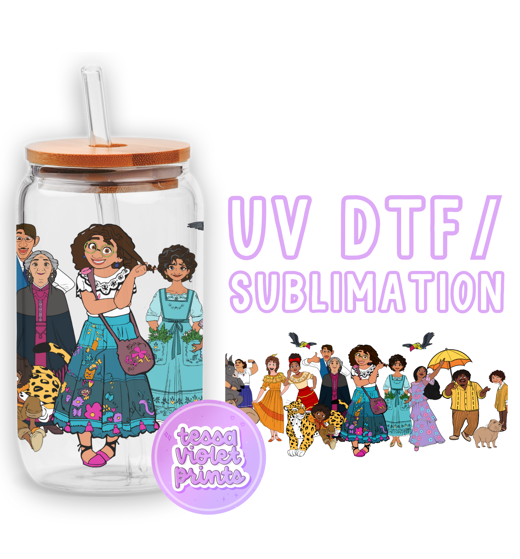 a glass jar with a picture of a woman and children on it