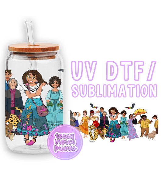 a glass jar with a picture of a woman and children on it