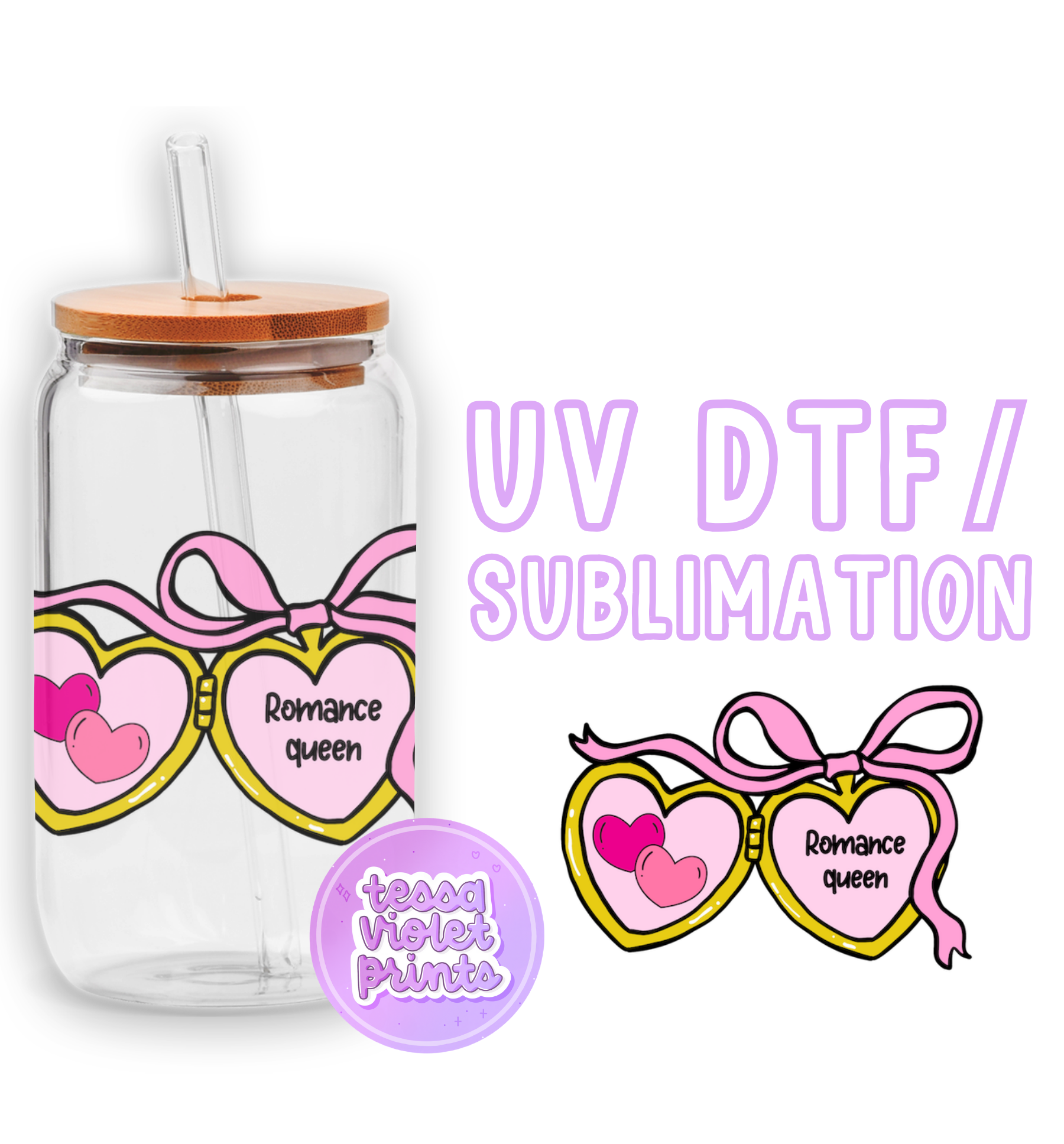 a glass jar with a straw lid and two hearts on it