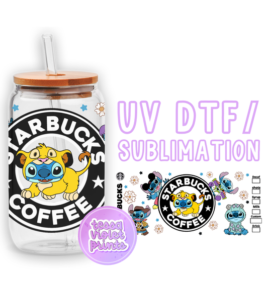 a glass jar with a straw in it and a sticker with a cartoon character