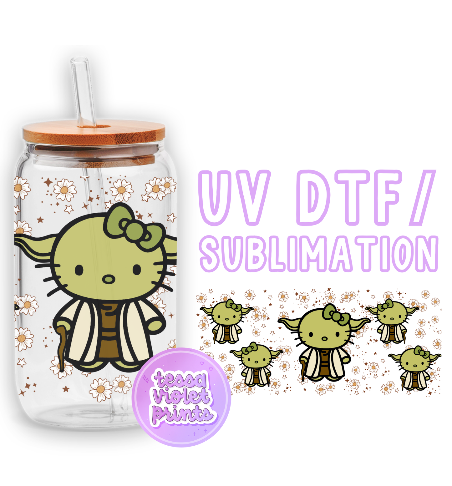 a glass jar with a hello kitty sticker on it