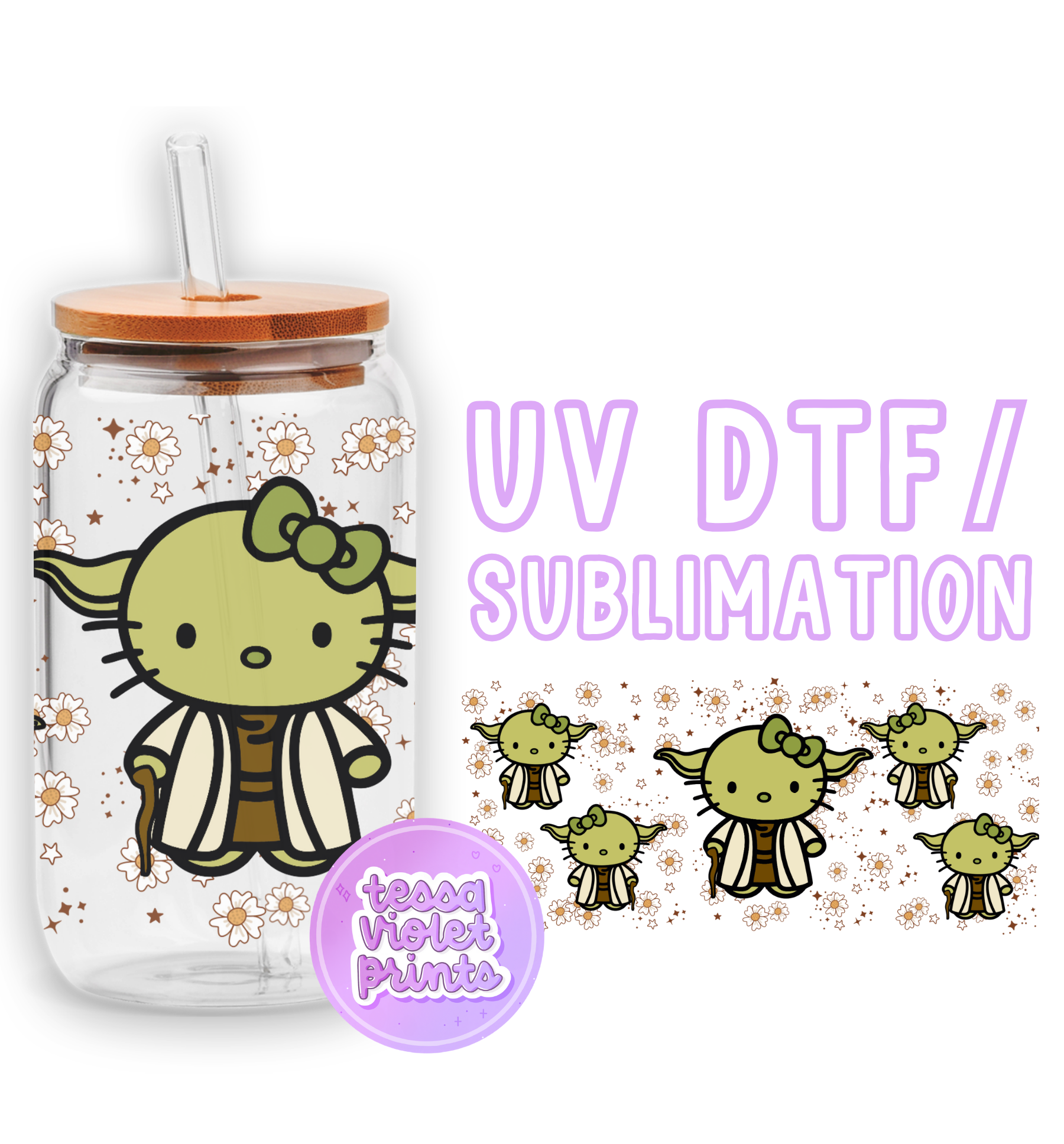 a glass jar with a hello kitty sticker on it