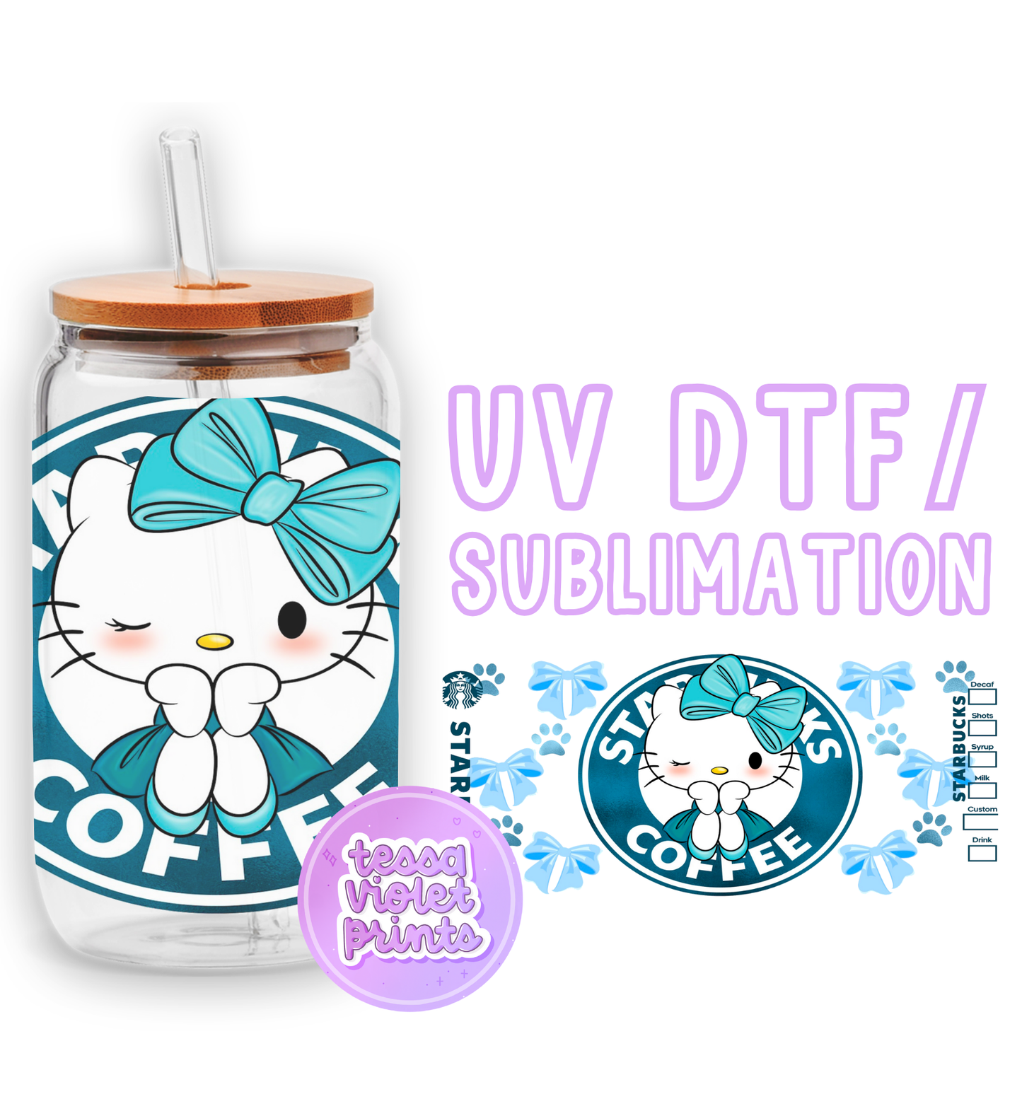 a starbucks cup with a hello kitty sticker on it