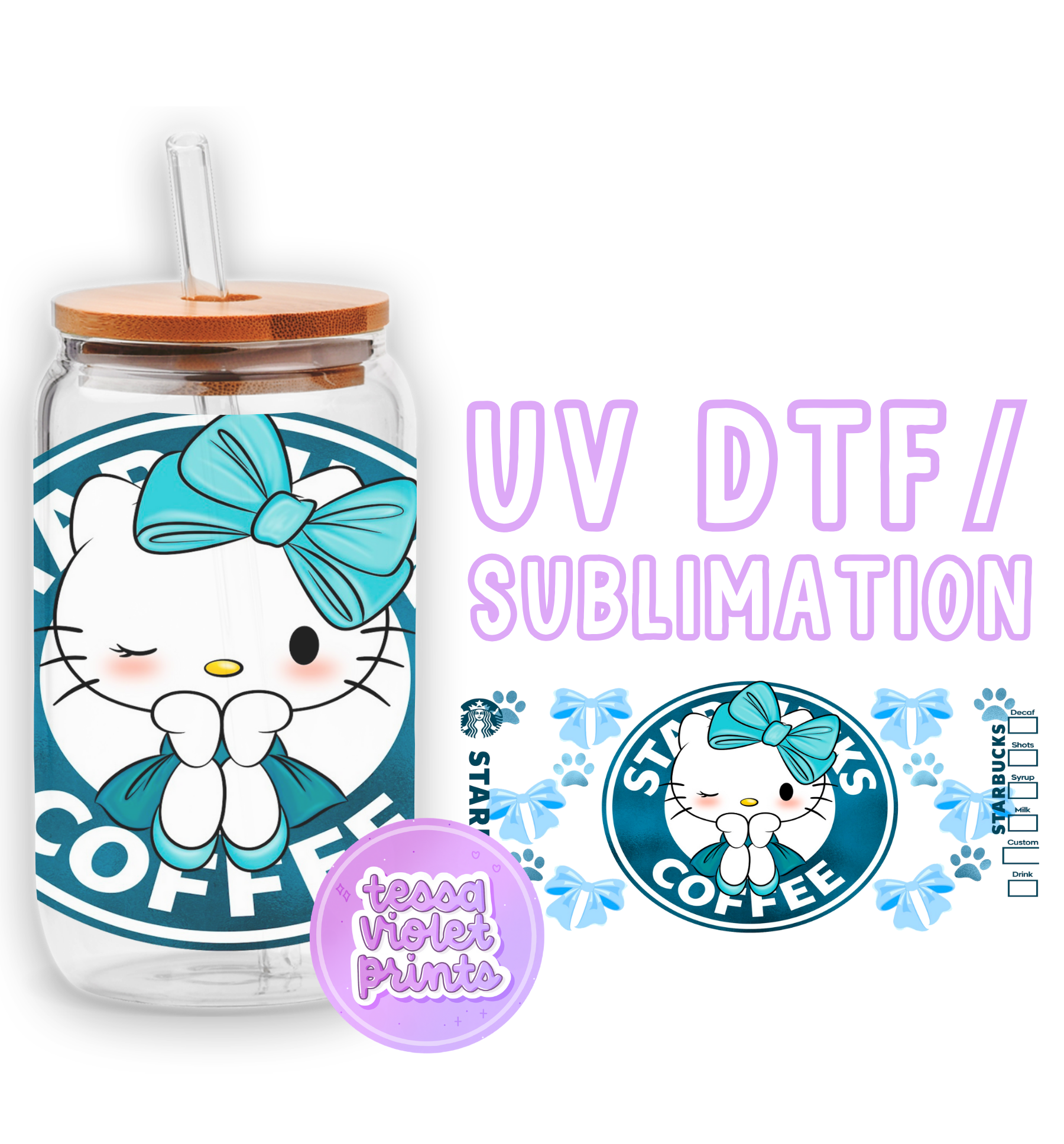 a starbucks cup with a hello kitty sticker on it