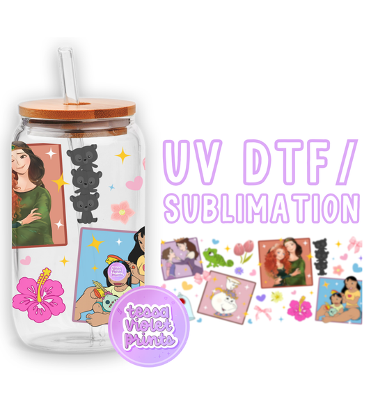 a glass jar with pictures and a straw in it