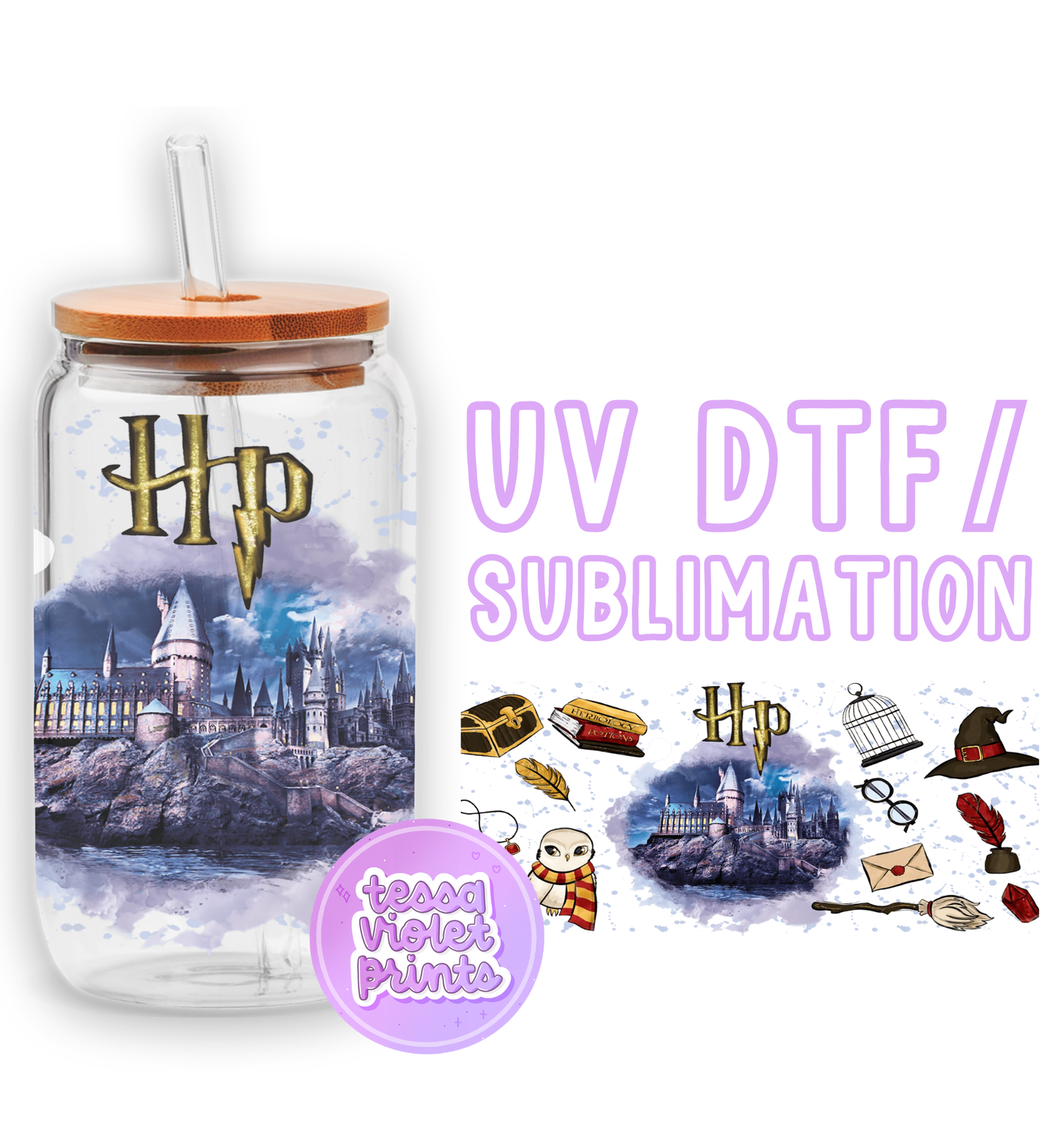 a glass jar with a picture of a hogwarts castle on it