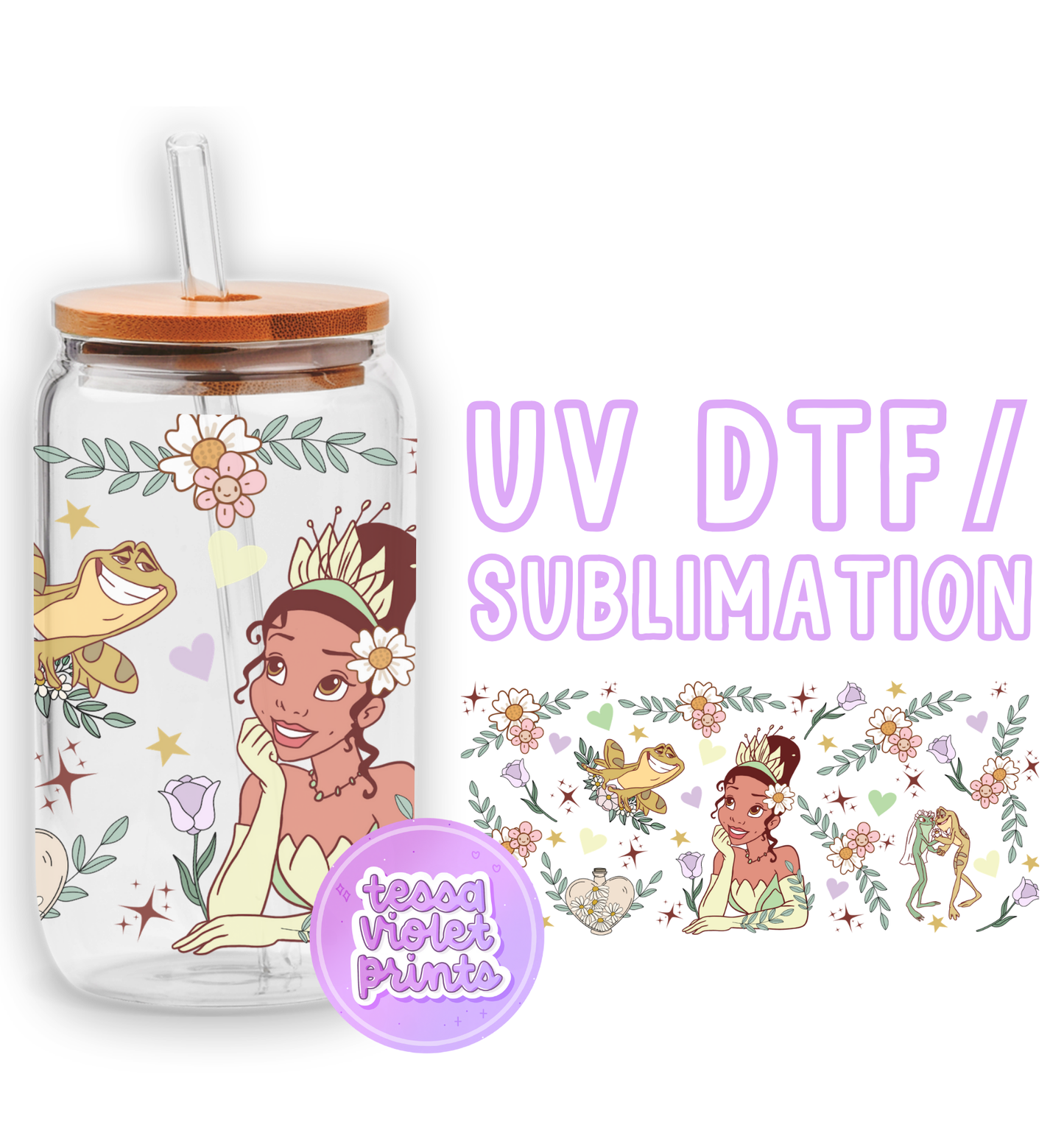 a glass jar with a picture of a princess and frog on it