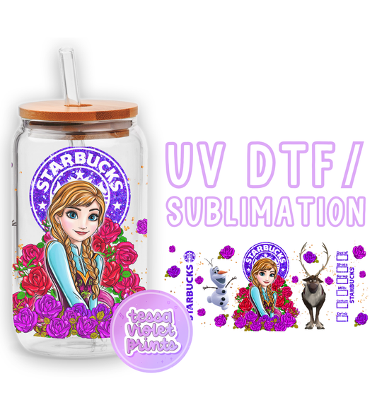 a glass jar with a sticker of a frozen princess on it