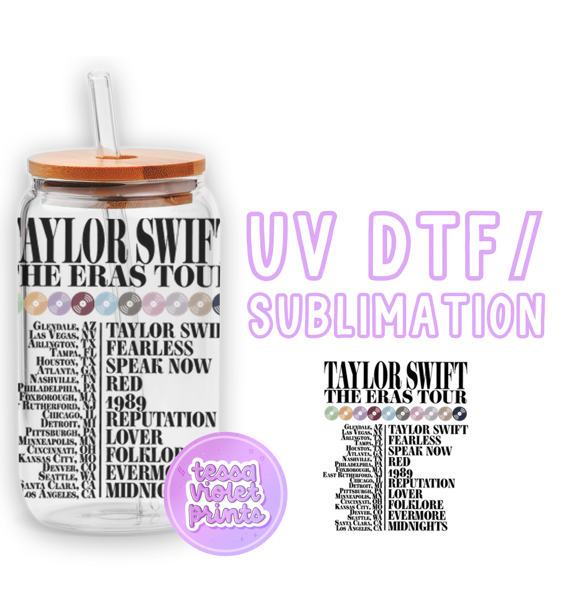 a jar with a straw lid and a label for taylor swift the eras tour